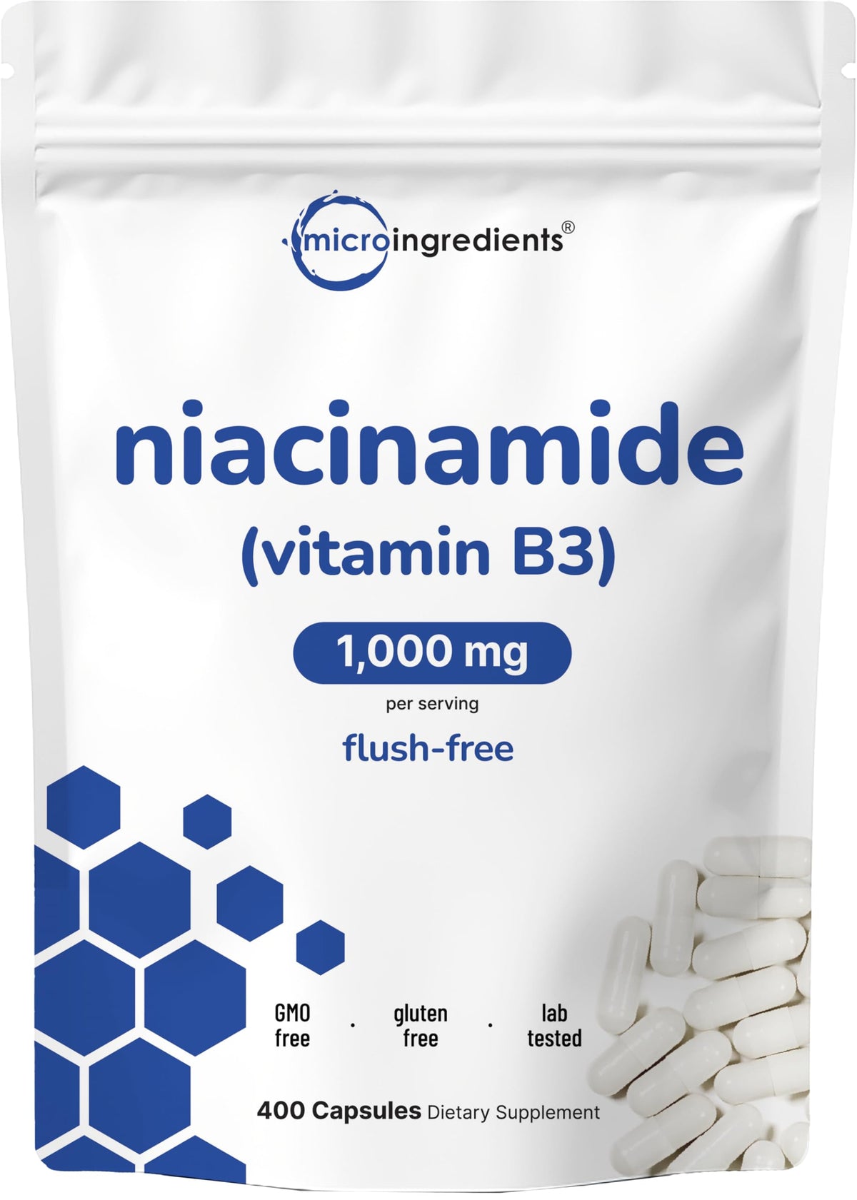 Micro Ingredients Niacinamide 500mg capsules close-up for daily energy support.