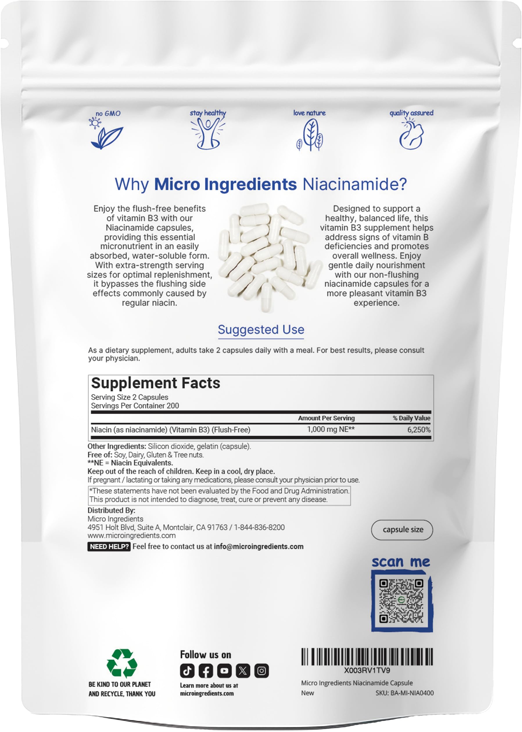 Micro Ingredients Niacinamide bottle front view highlighting long supply.