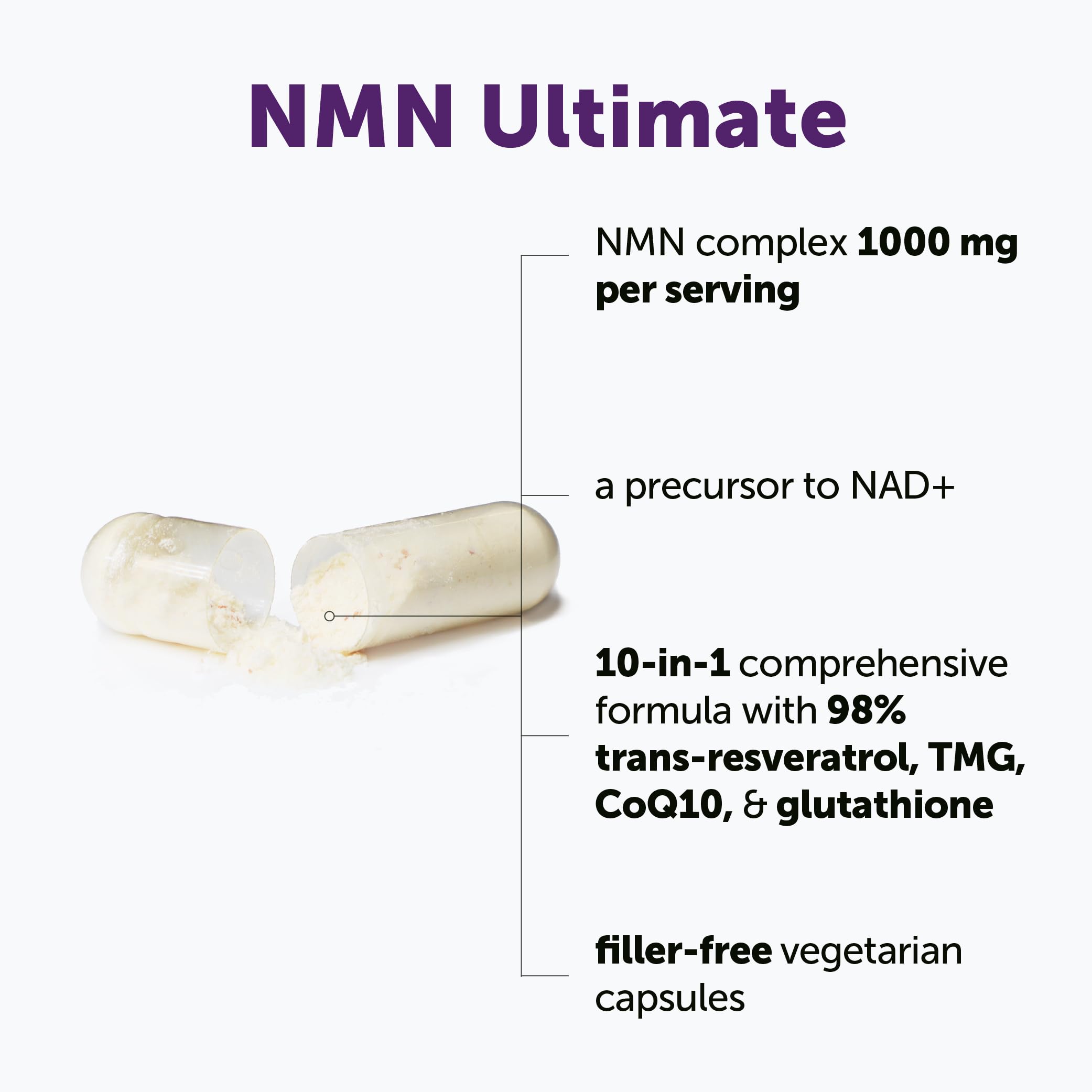 Micro Ingredients NMN Complex bottle label highlights non-GMO vegan capsules