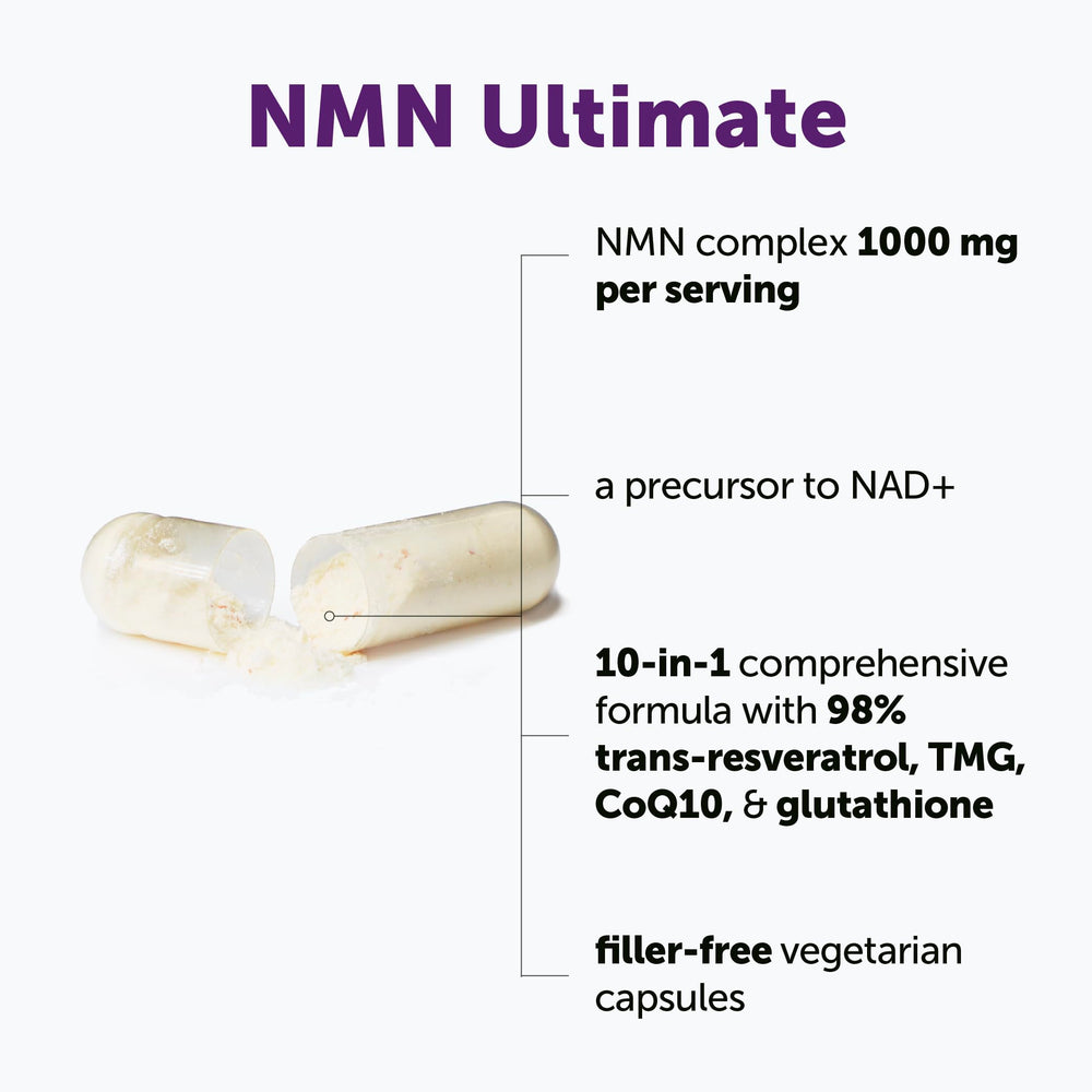 Micro Ingredients NMN Complex bottle label highlights non-GMO vegan capsules