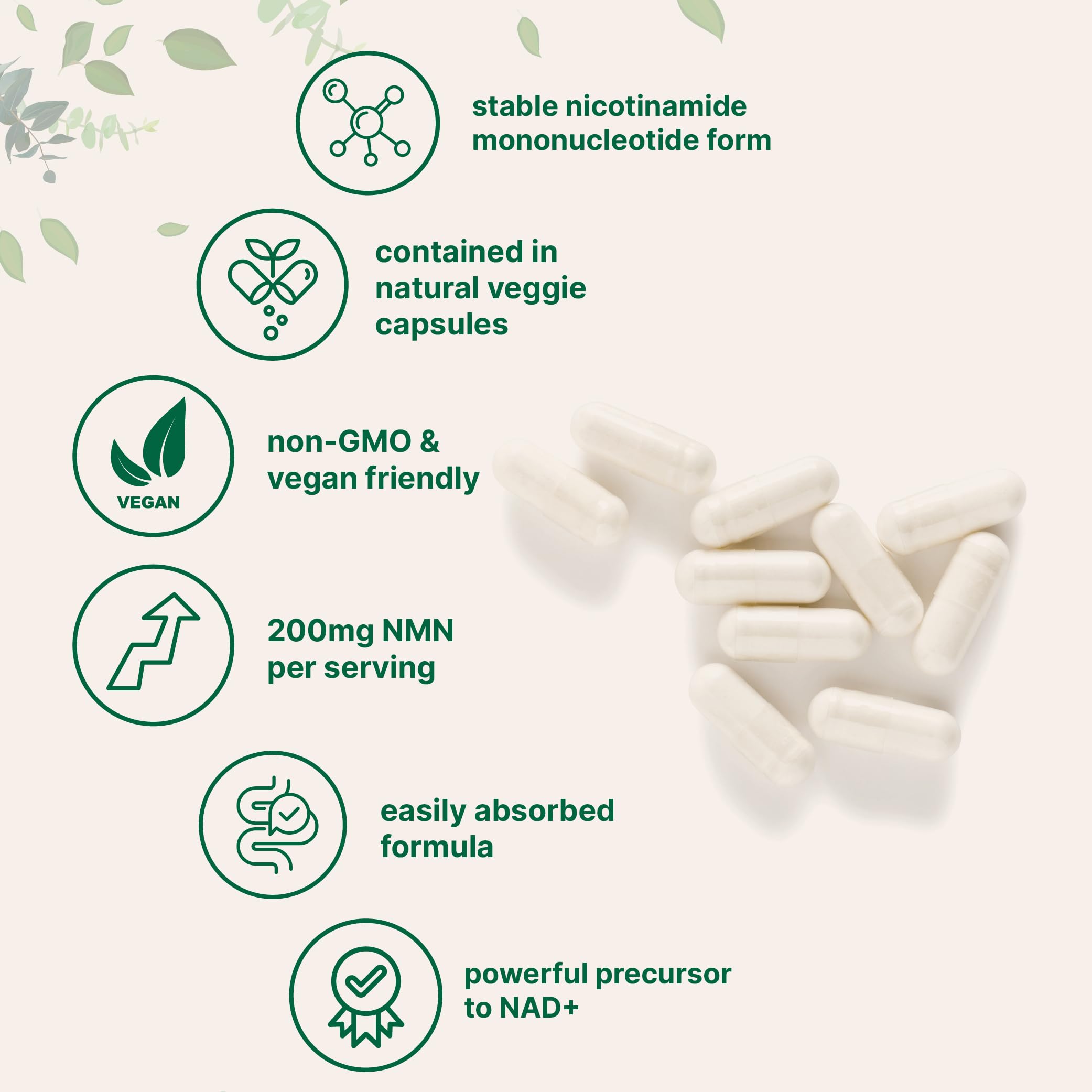 NMN packaging label view highlights non-GMO, vegan formula and 60 servings per bottle.
