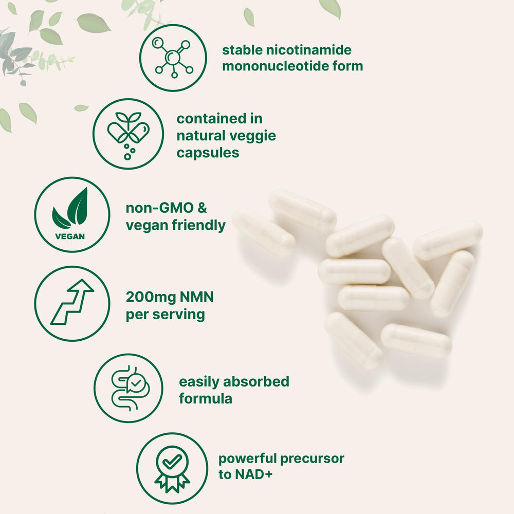NMN packaging label view highlights non-GMO, vegan formula and 60 servings per bottle.