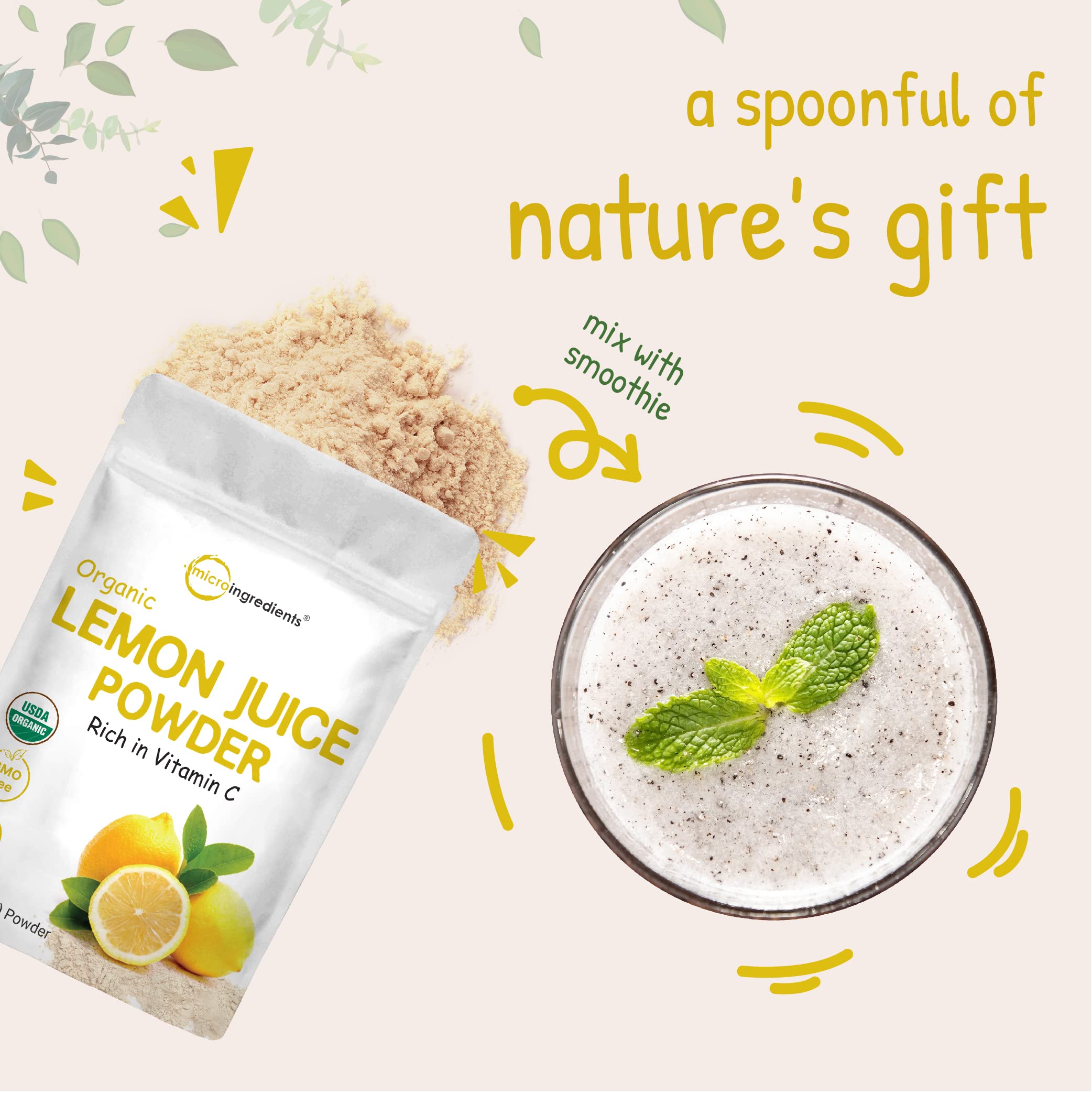Micro Ingredients Lemon Juice Powder bottle highlights vegan-friendly, clean ingredients.