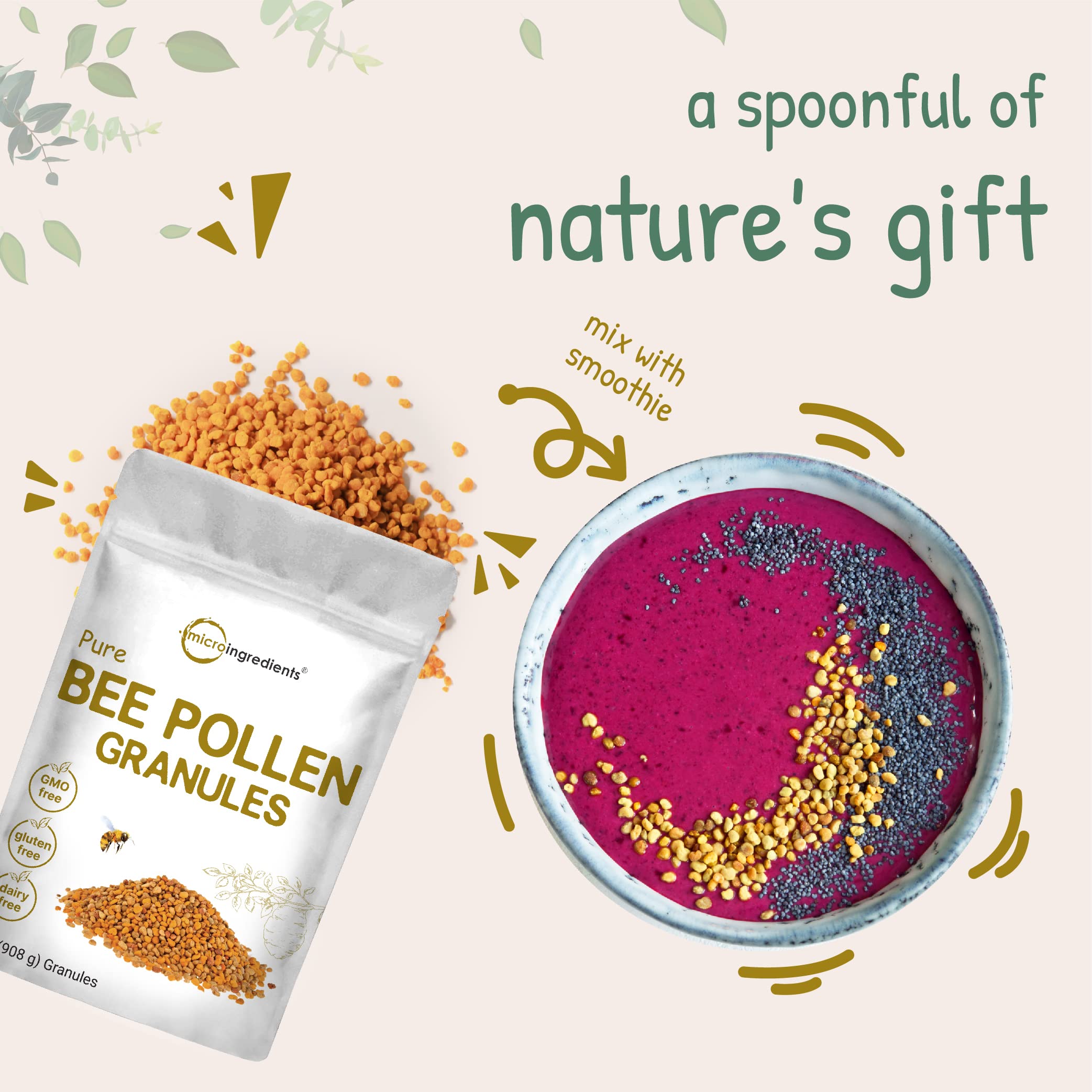 Premium quality Micro Ingredients bee pollen granules showcase authentic harvest flavor and nutrient-rich profile.