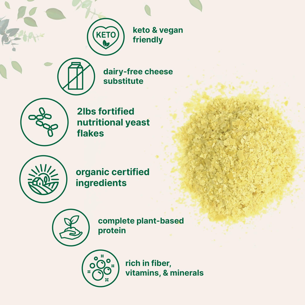 Micro Ingredients nutritional yeast flakes with kitchen scoop highlight convenient, protein-rich vegan seasoning.