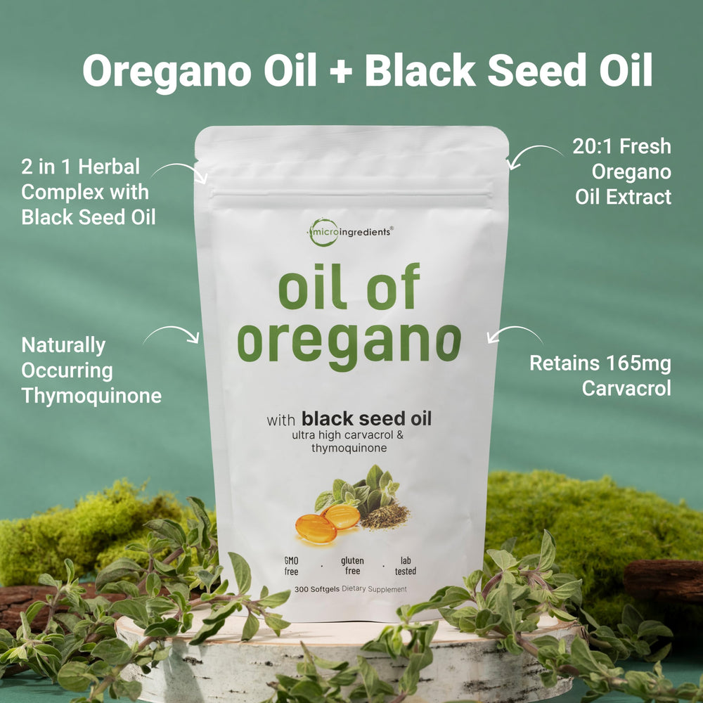 Micro Ingredients Oil of Oregano Softgels label closeup with ingredients detail