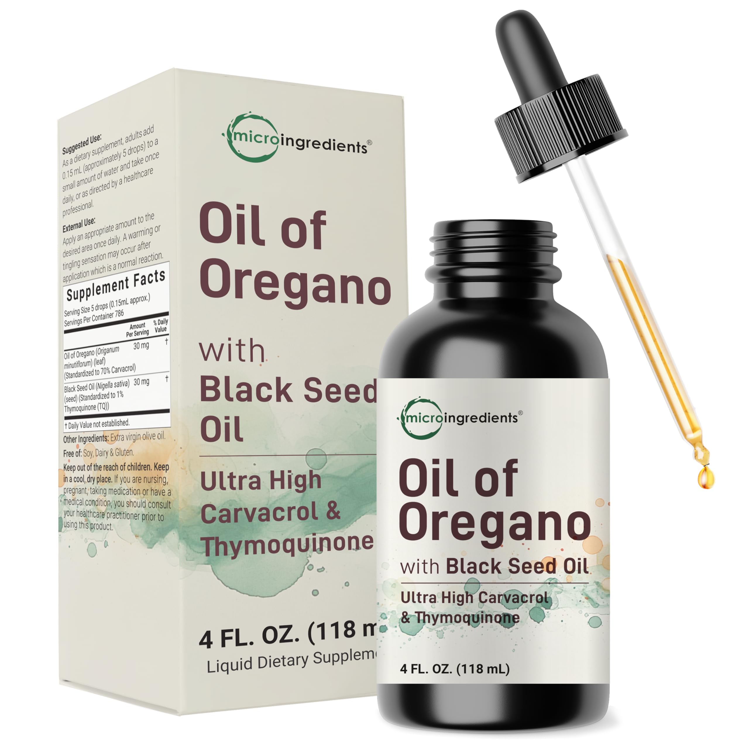 Micro Ingredients Oil of Oregano with Black Seed Oil bottle front for daily immune support.