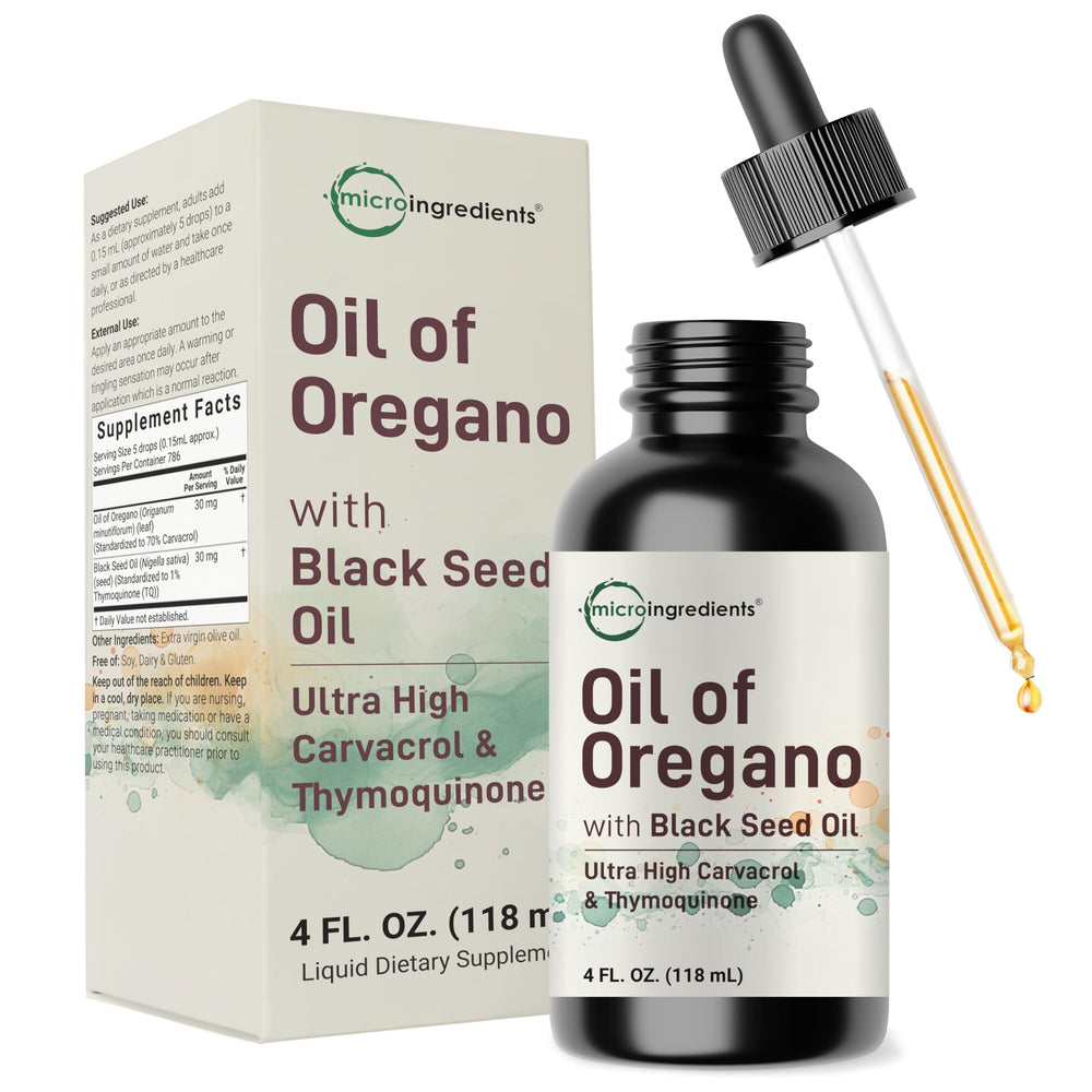 Micro Ingredients Oil of Oregano with Black Seed Oil bottle front for daily immune support.