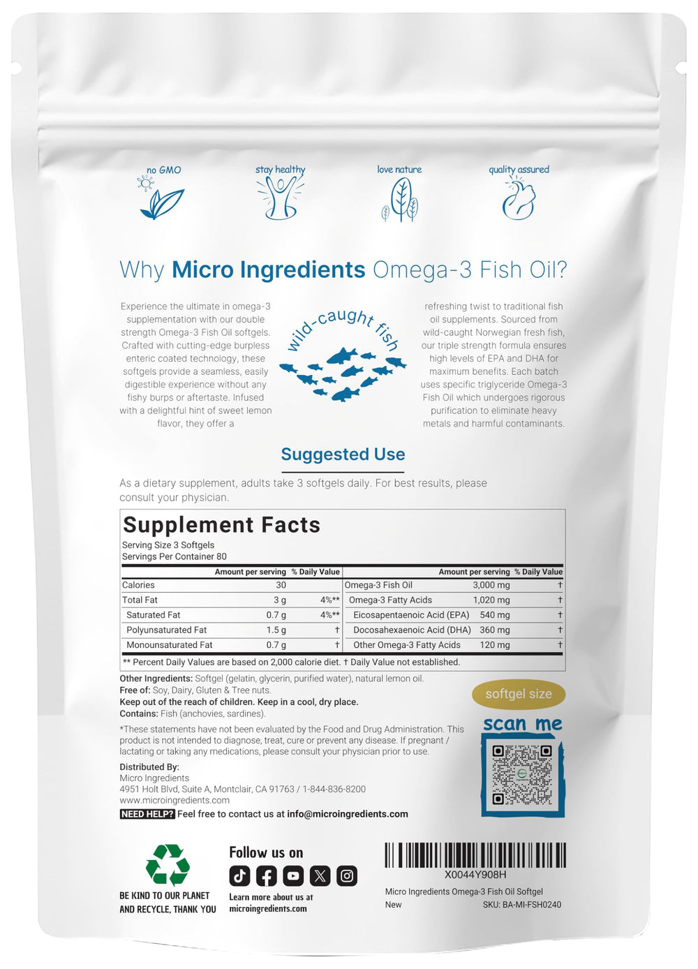 Micro Ingredients omega-3 softgels highlight EPA and DHA per serving for balanced intake