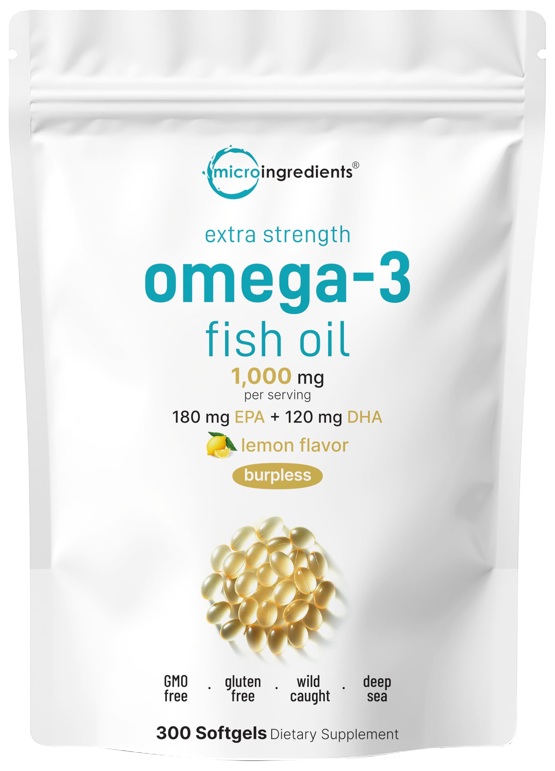 Micro Ingredients omega-3 lemon bottle with softgels for daily heart-friendly support.