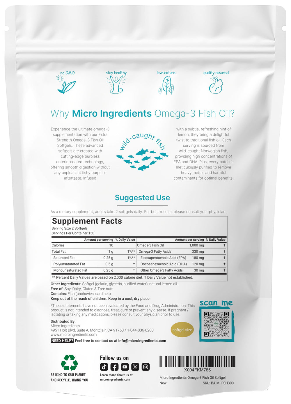 Closeup of Micro Ingredients omega-3 softgels designed for burpless, easy digestion.