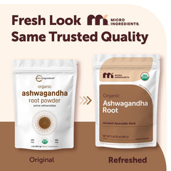 Micro Ingredients organic ashwagandha root powder closeup highlighting natural texture for smooth blending.