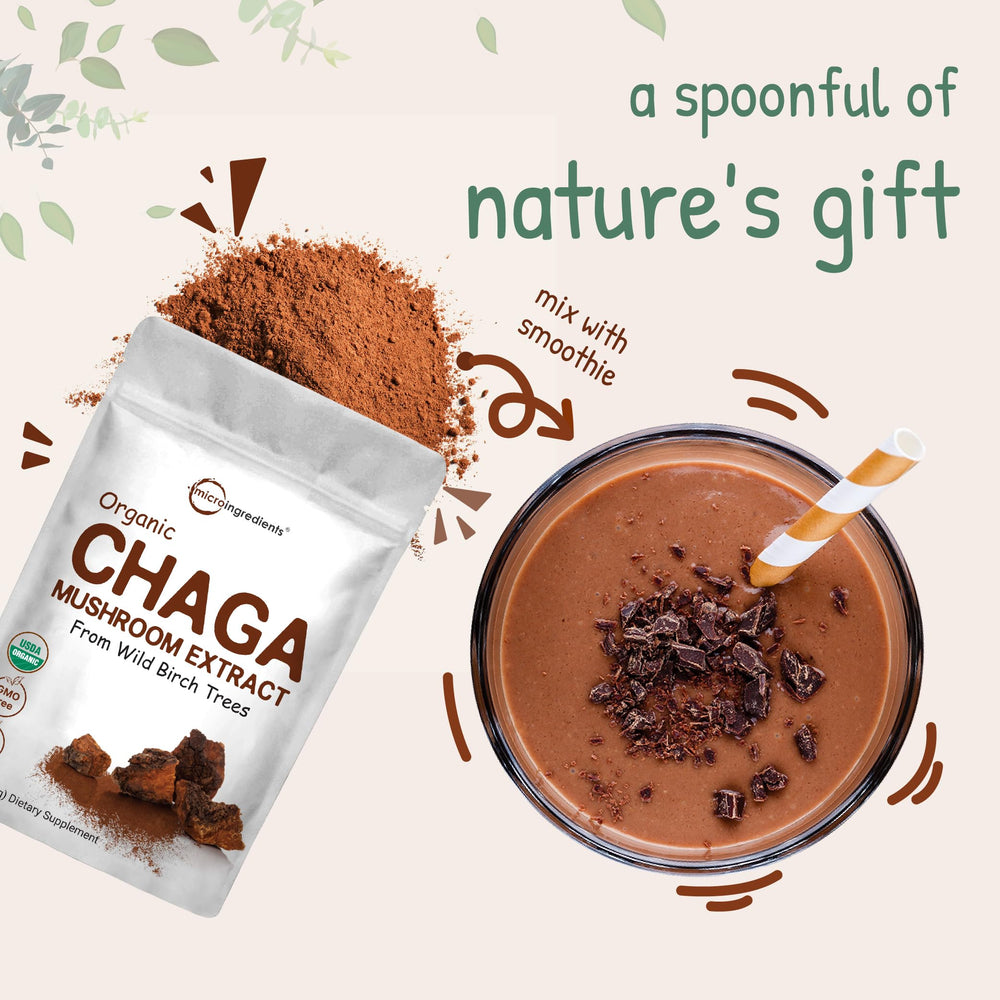 Micro Ingredients organic chaga lab-tested label ensuring purity and non-GMO quality.
