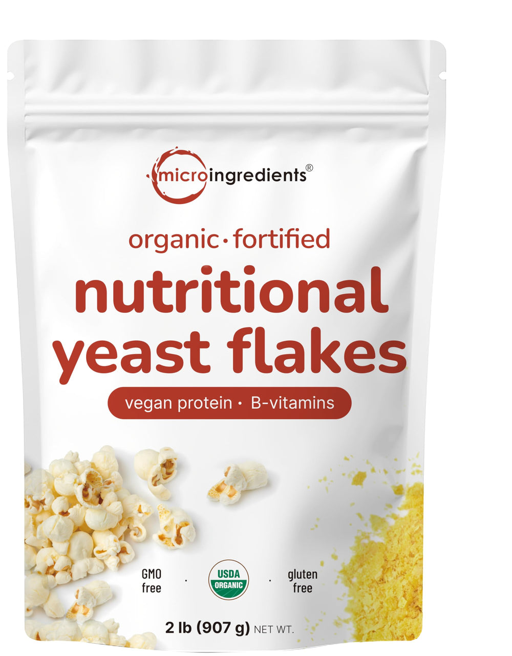 Micro Ingredients organic fortified nutritional yeast flakes in a 2lb bulk pouch for easy cooking.