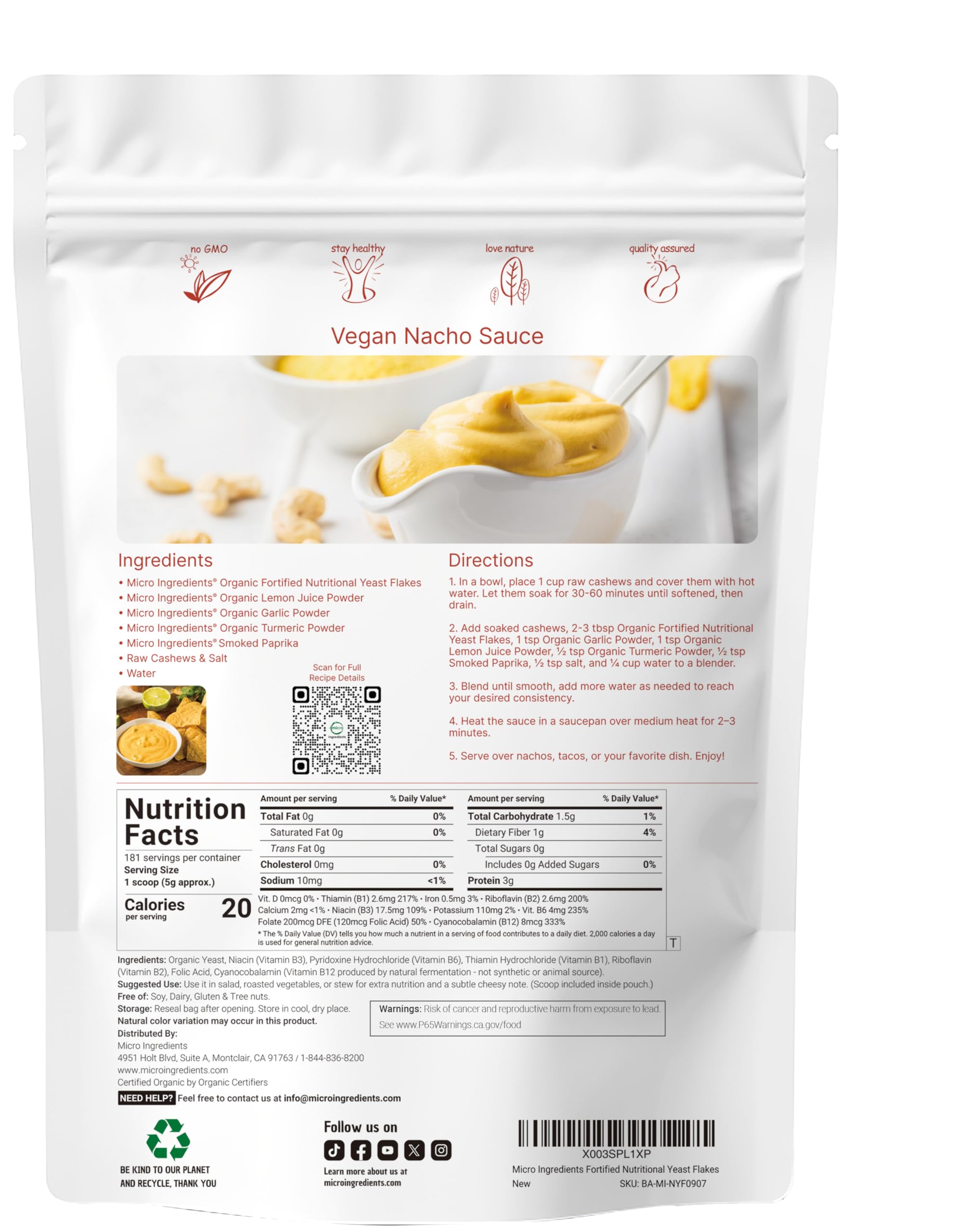Micro Ingredients organic fortified nutritional yeast flakes label closeup showcasing clean, dairy-free cheesy flavor potential.