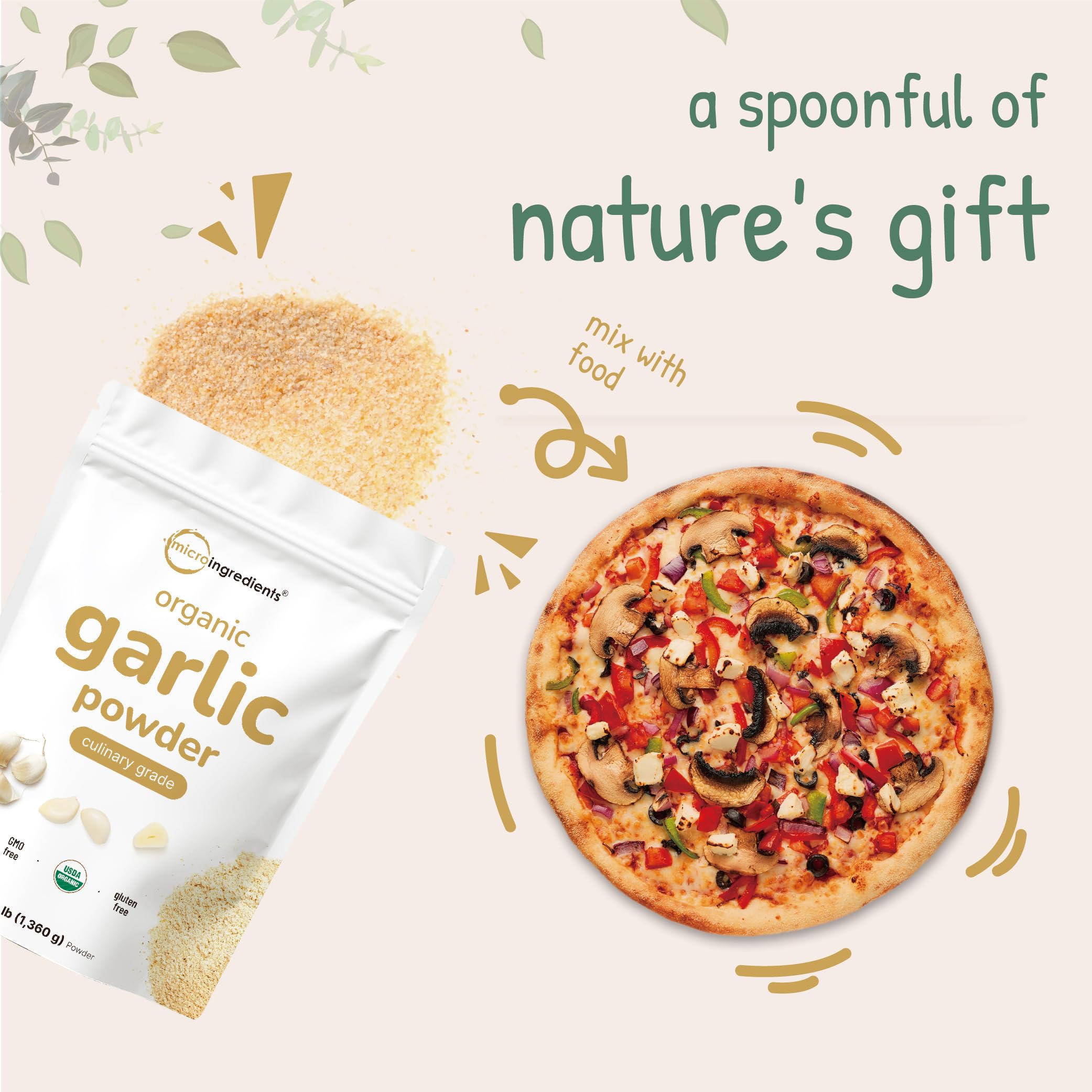 Micro Ingredients Organic Garlic Powder label close-up shows non-GMO, additive-free quality