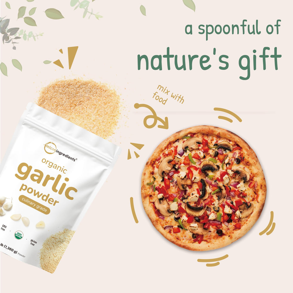 Micro Ingredients Organic Garlic Powder label close-up shows non-GMO, additive-free quality