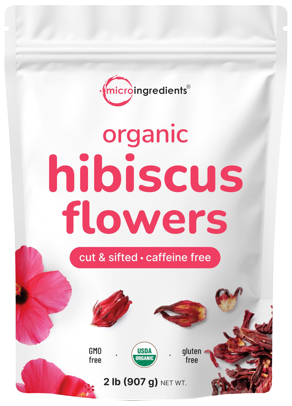 Micro Ingredients Organic Hibiscus Flowers in loose-leaf form for refreshing tea.