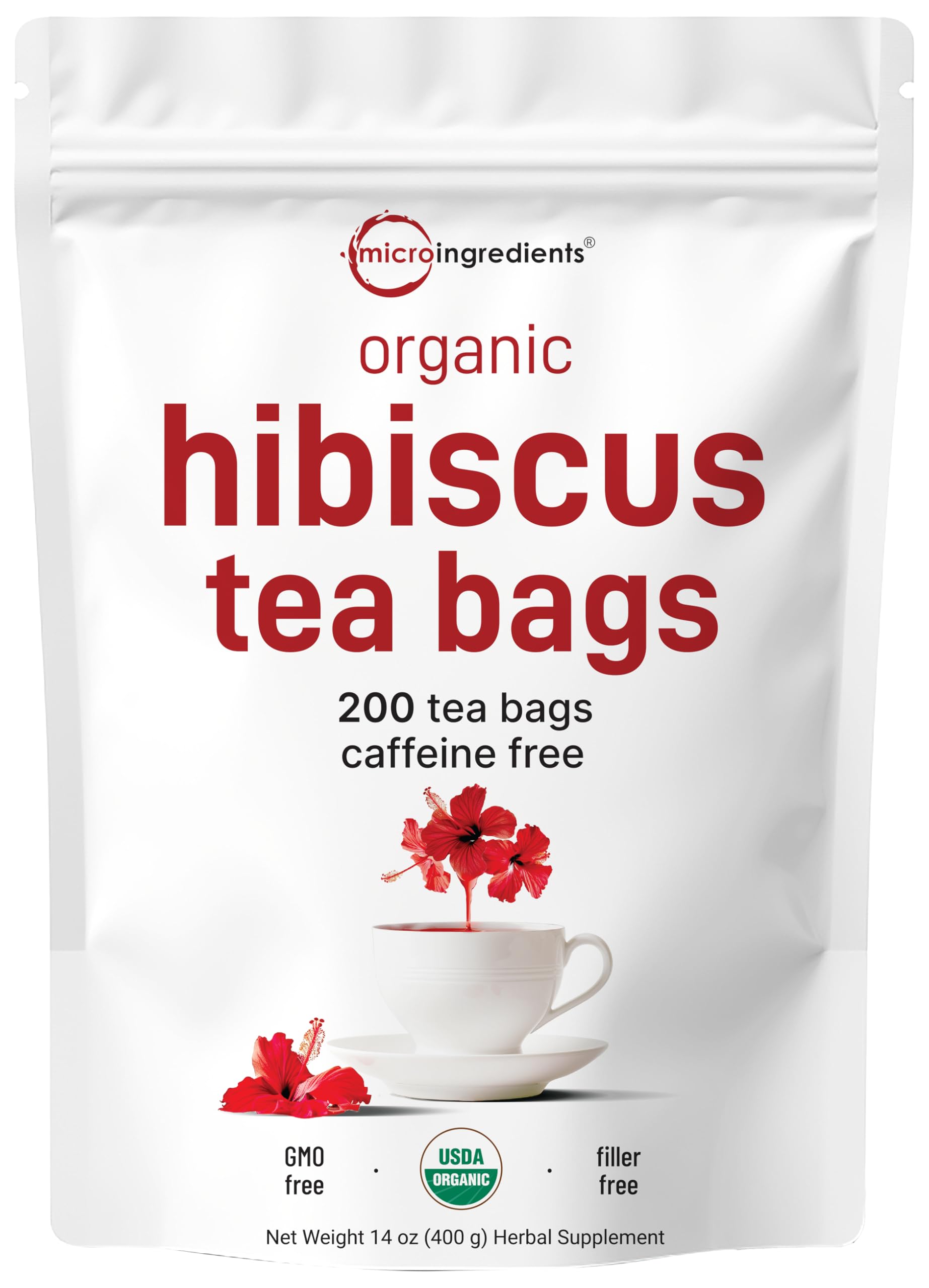 micro ingredients organic hibiscus tea bags in 200-count pouch for caffeine-free refreshment.