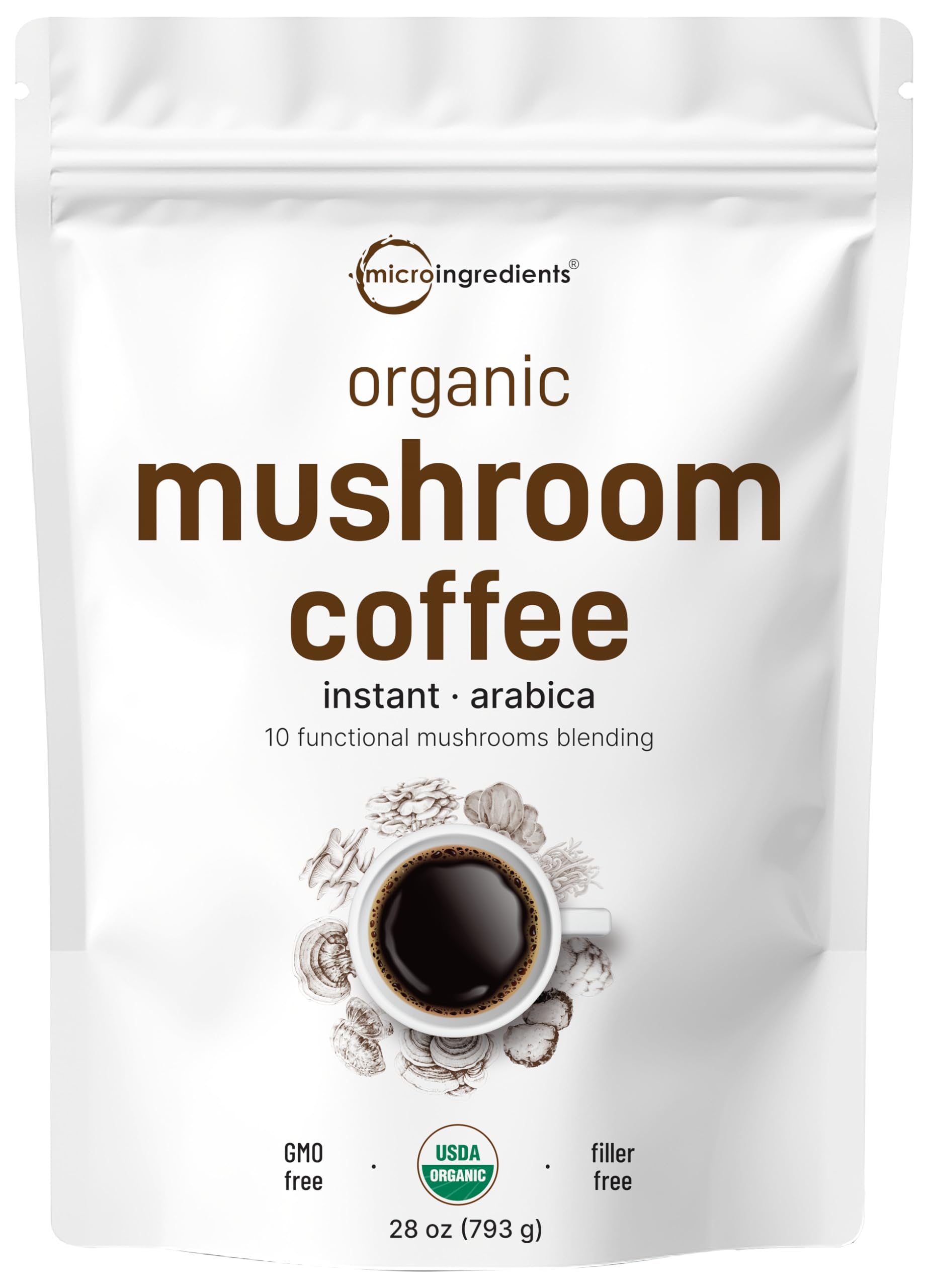 Micro Ingredients mushroom coffee pouch showing convenient bulk packaging for family brewing.