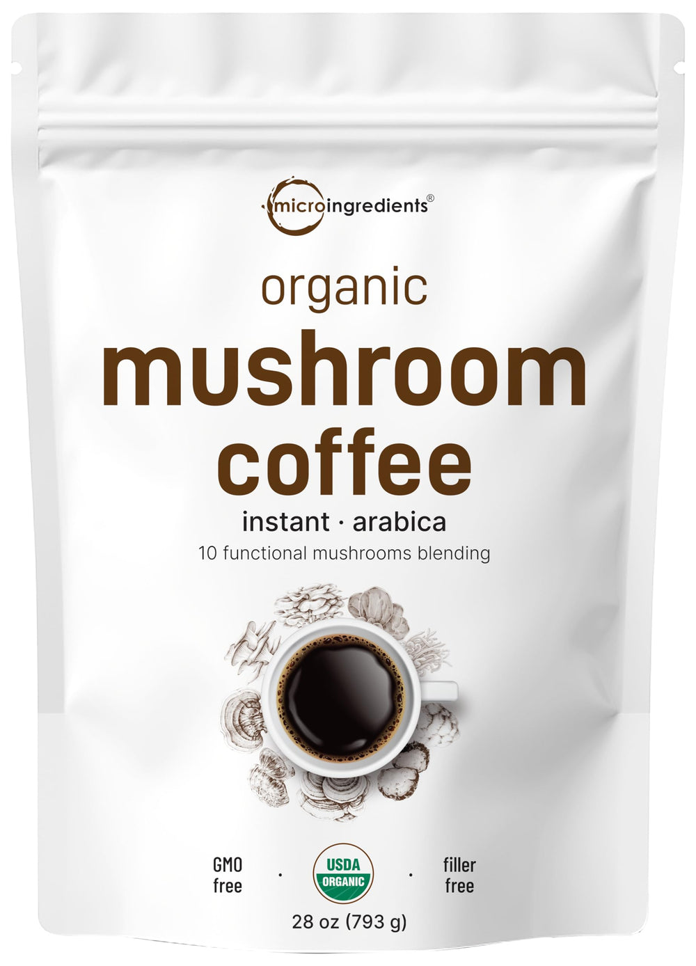 Micro Ingredients mushroom coffee pouch showing convenient bulk packaging for family brewing.