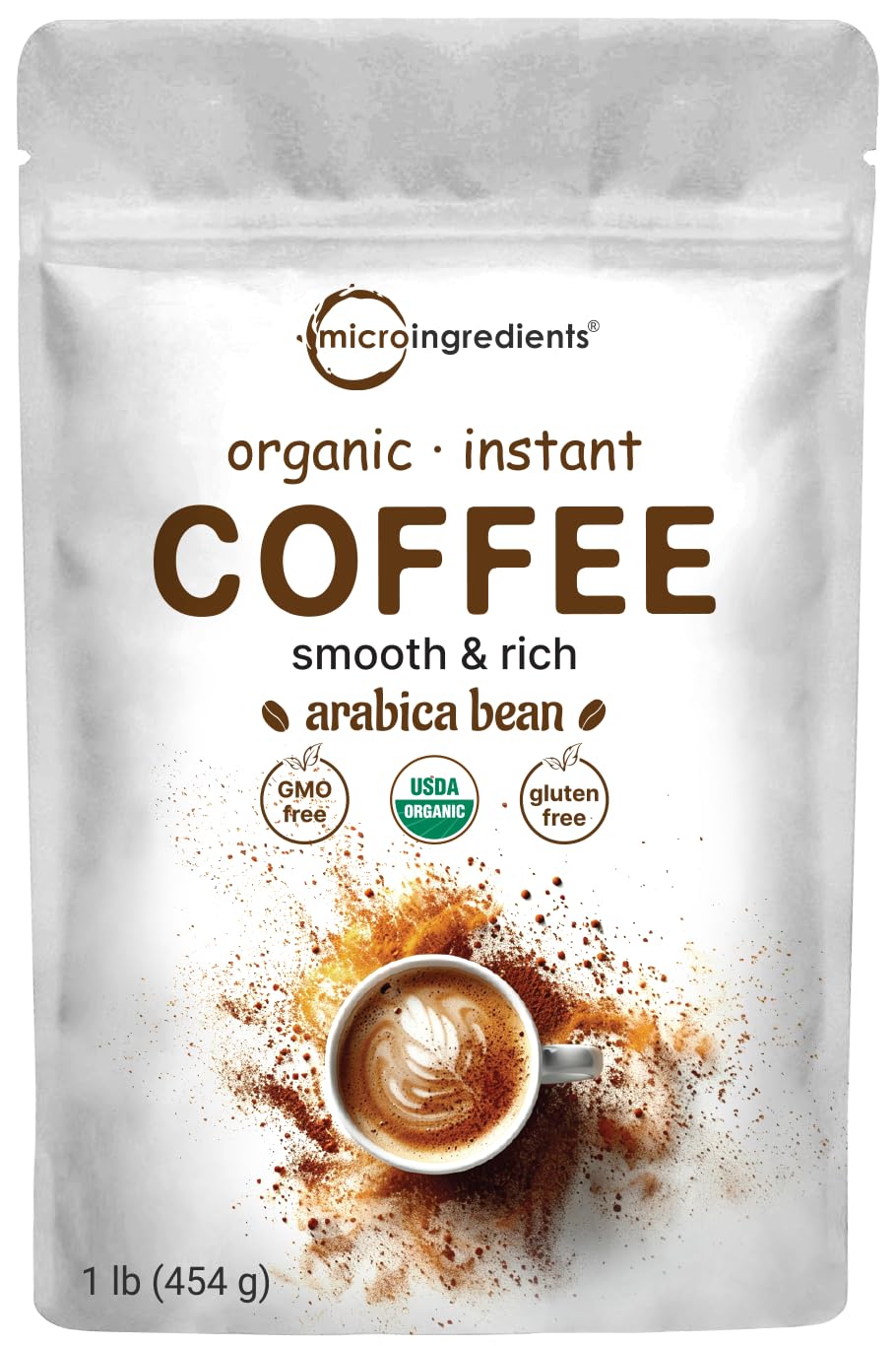 Micro Ingredients organic instant coffee 1lb pouch offers quick, smooth Arabica flavor.