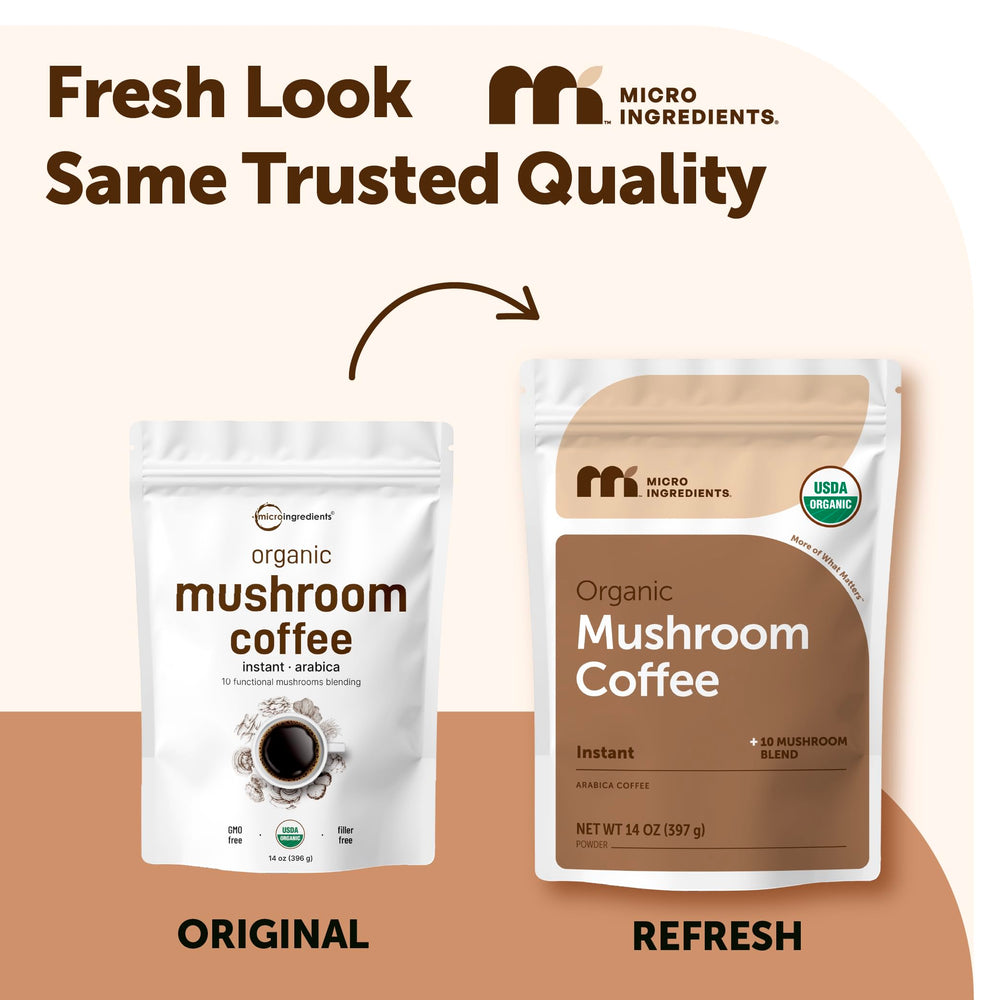 Micro Ingredients 10-mushroom blend label close-up highlighting organic ingredients and quality.