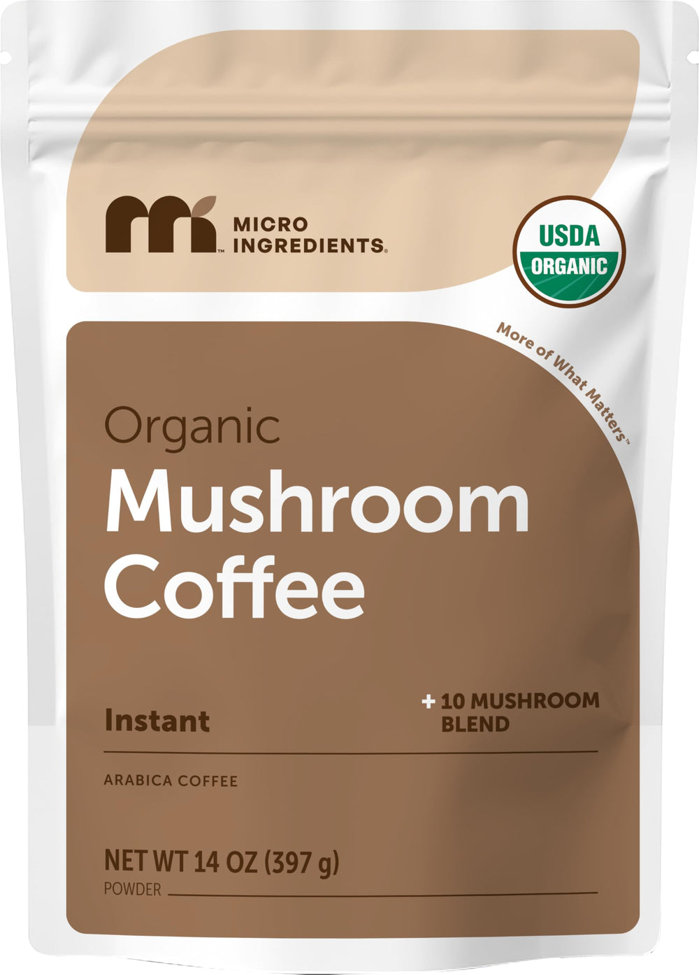Micro Ingredients organic instant mushroom coffee canister front view for everyday convenience.