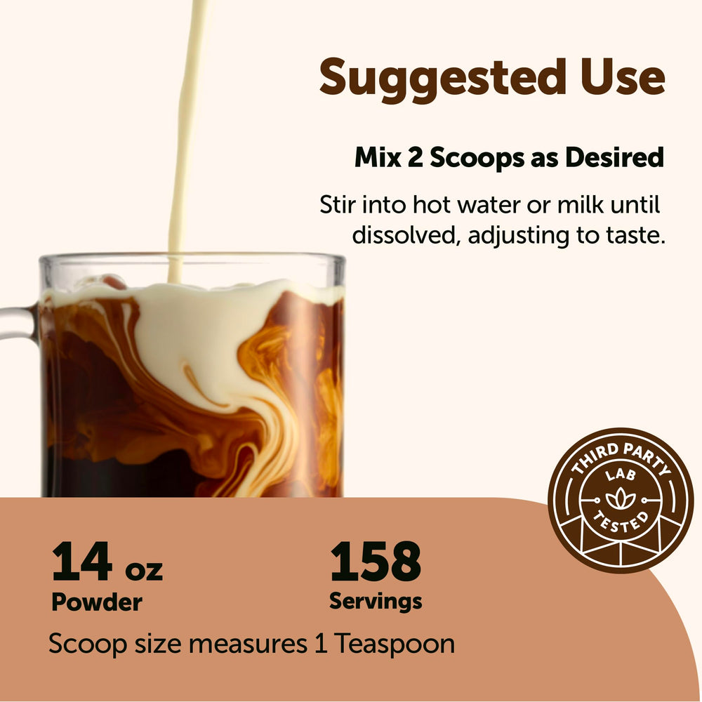Micro Ingredients prepared cup with steam highlighting instant mix suitability.