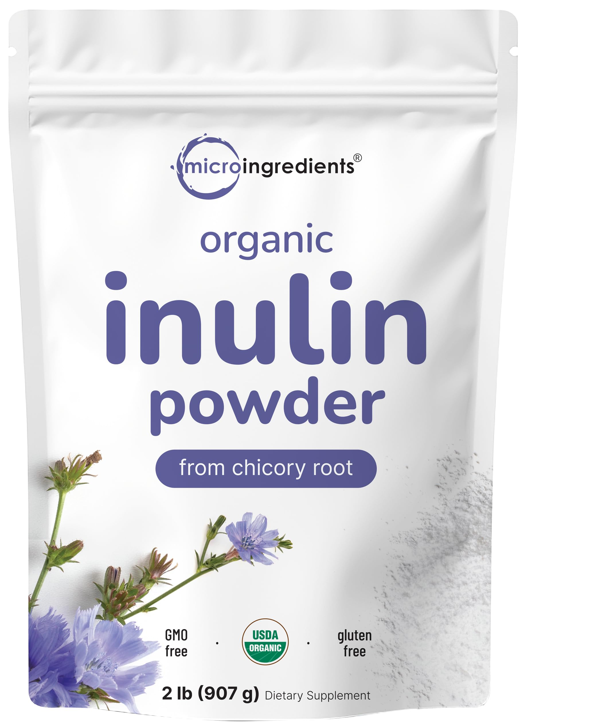 Micro Ingredients Organic Inulin Fiber Powder bottle, pure prebiotic fiber for daily digestion support