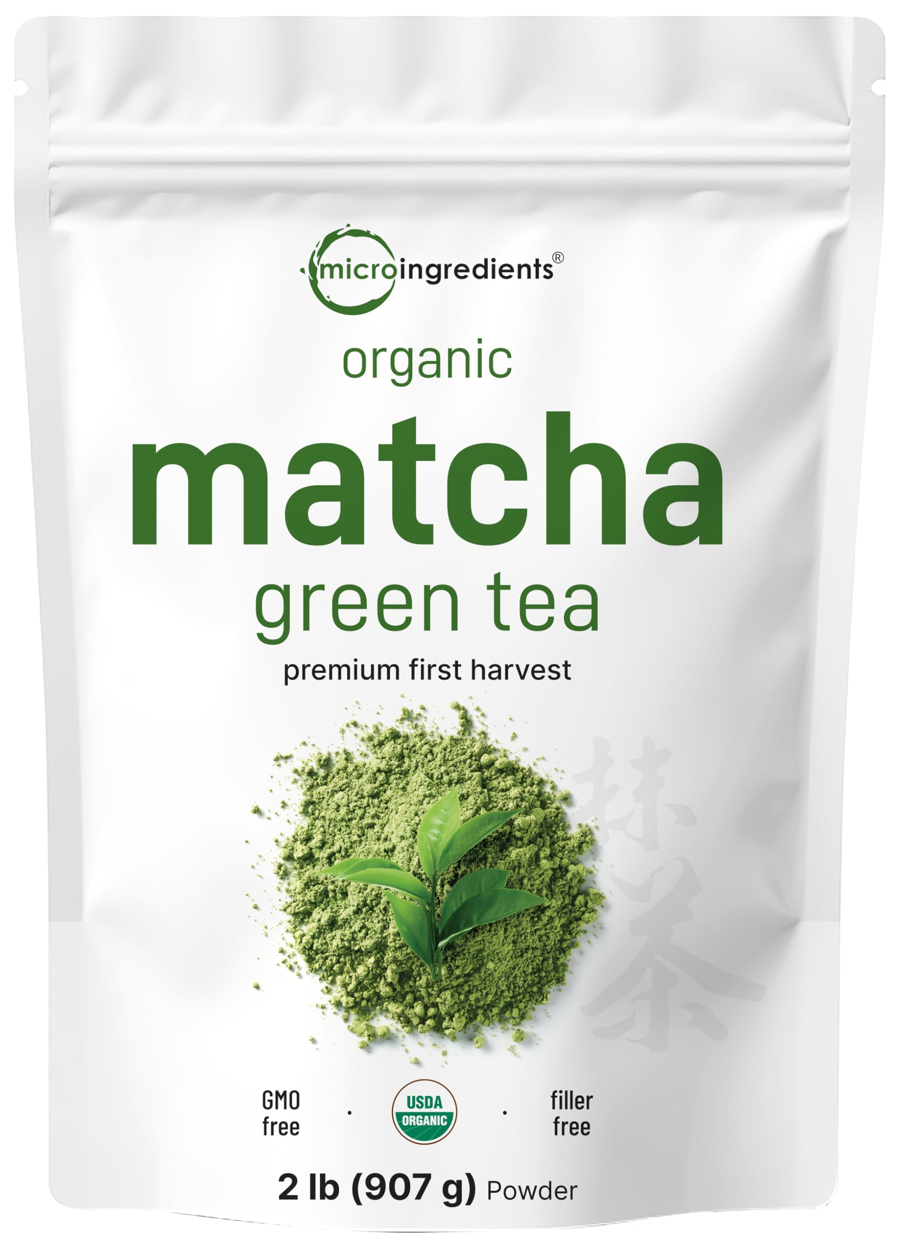 Micro Ingredients organic matcha powder in a 2 lb bulk pack, ideal for tea and smoothies.