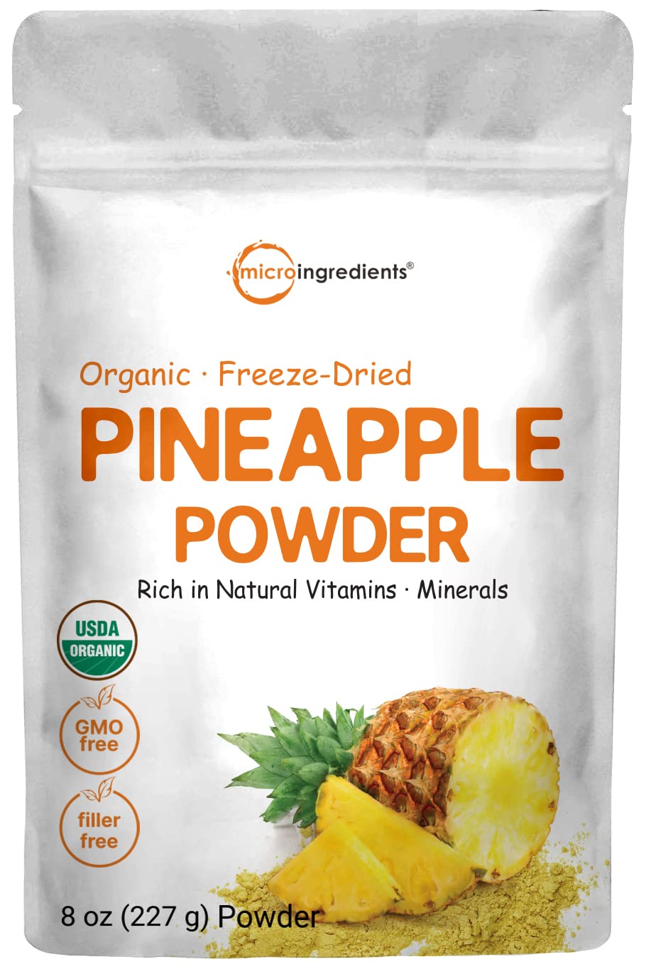 Micro Ingredients Organic Pineapple Powder 8oz package shows freeze-dried pineapple for flavor.