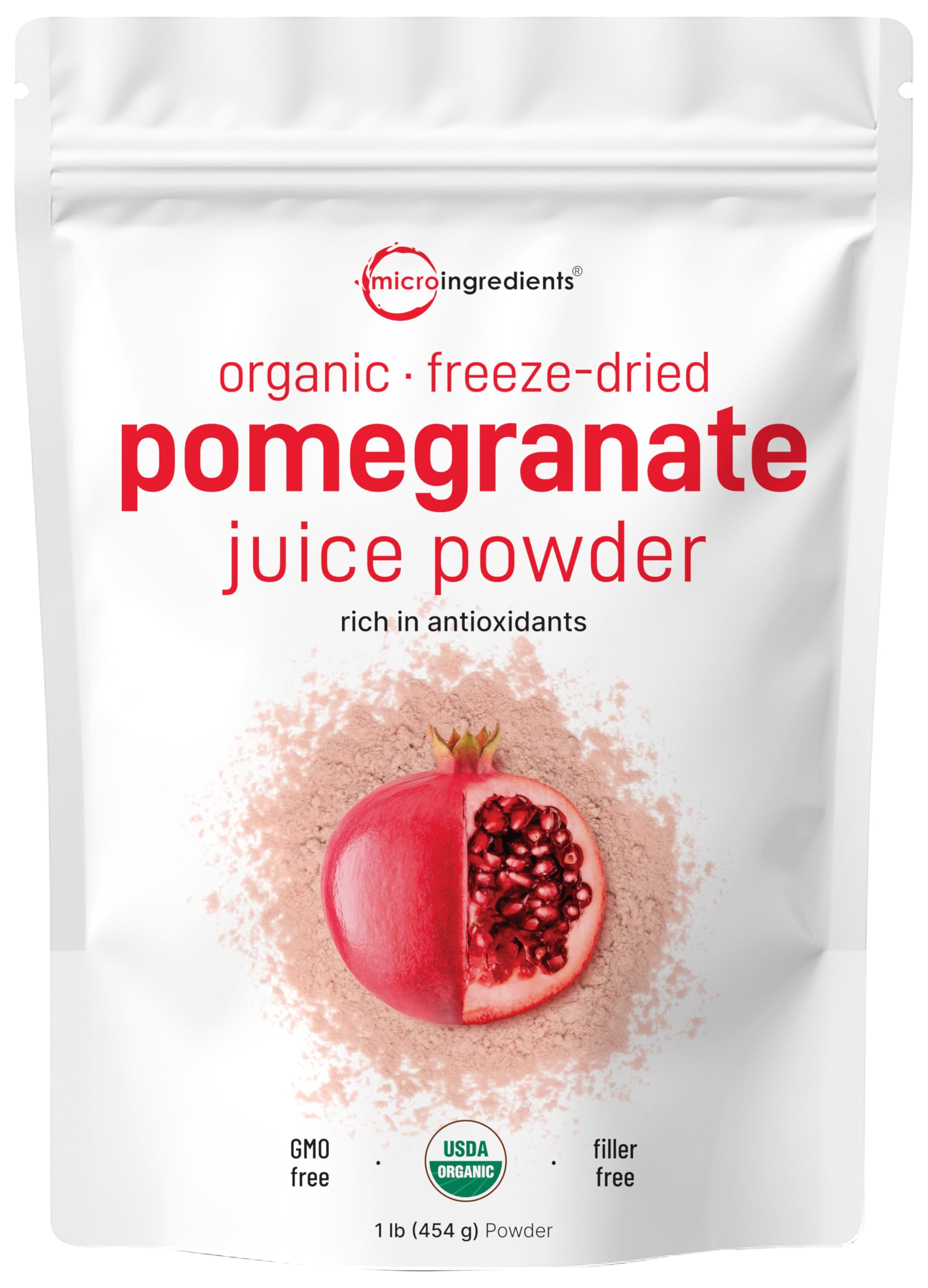 Micro Ingredients Organic Pomegranate Juice Powder bottle highlights antioxidant-rich flavor for smoothies.
