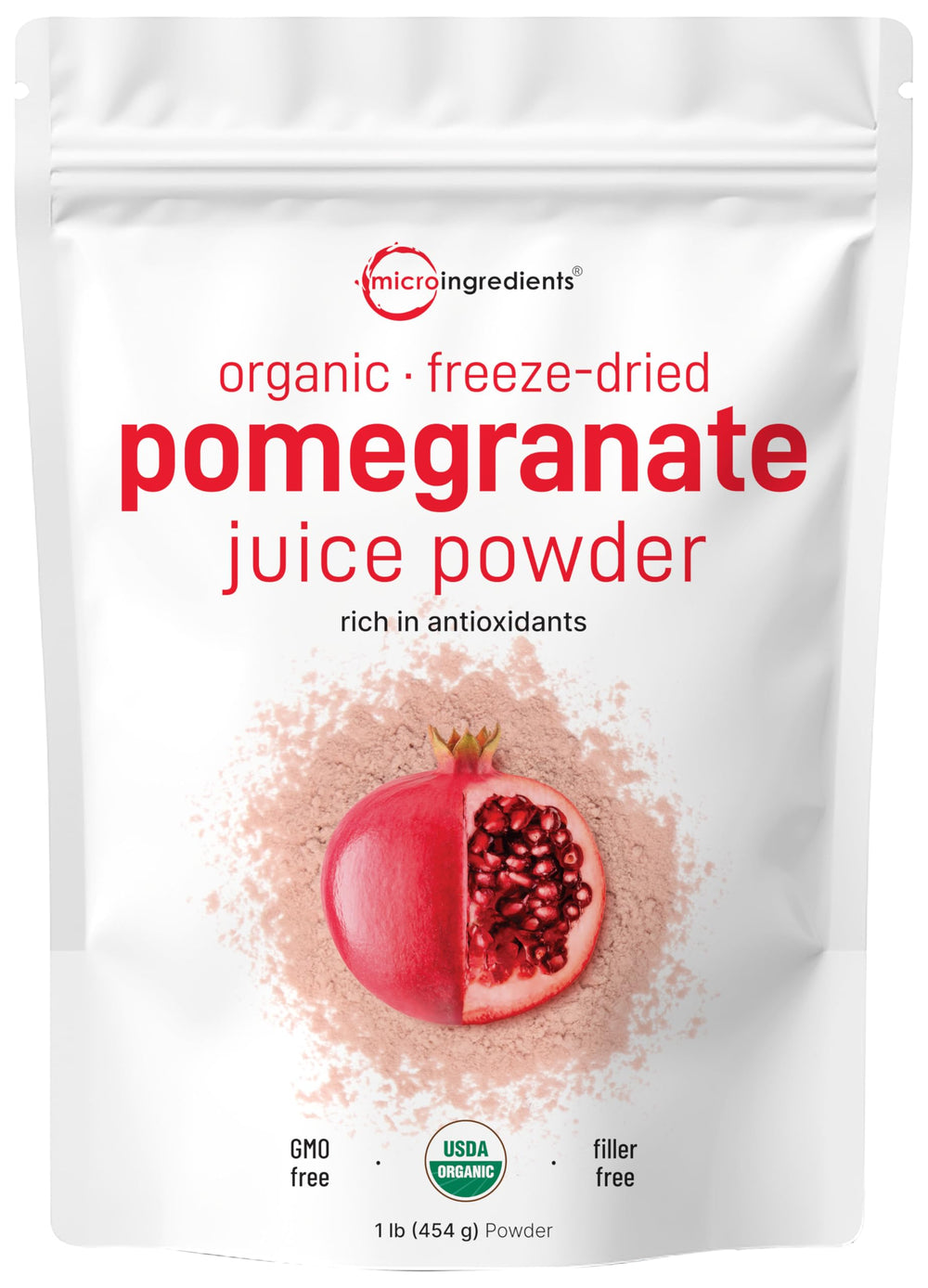 Micro Ingredients Organic Pomegranate Juice Powder bottle highlights antioxidant-rich flavor for smoothies.
