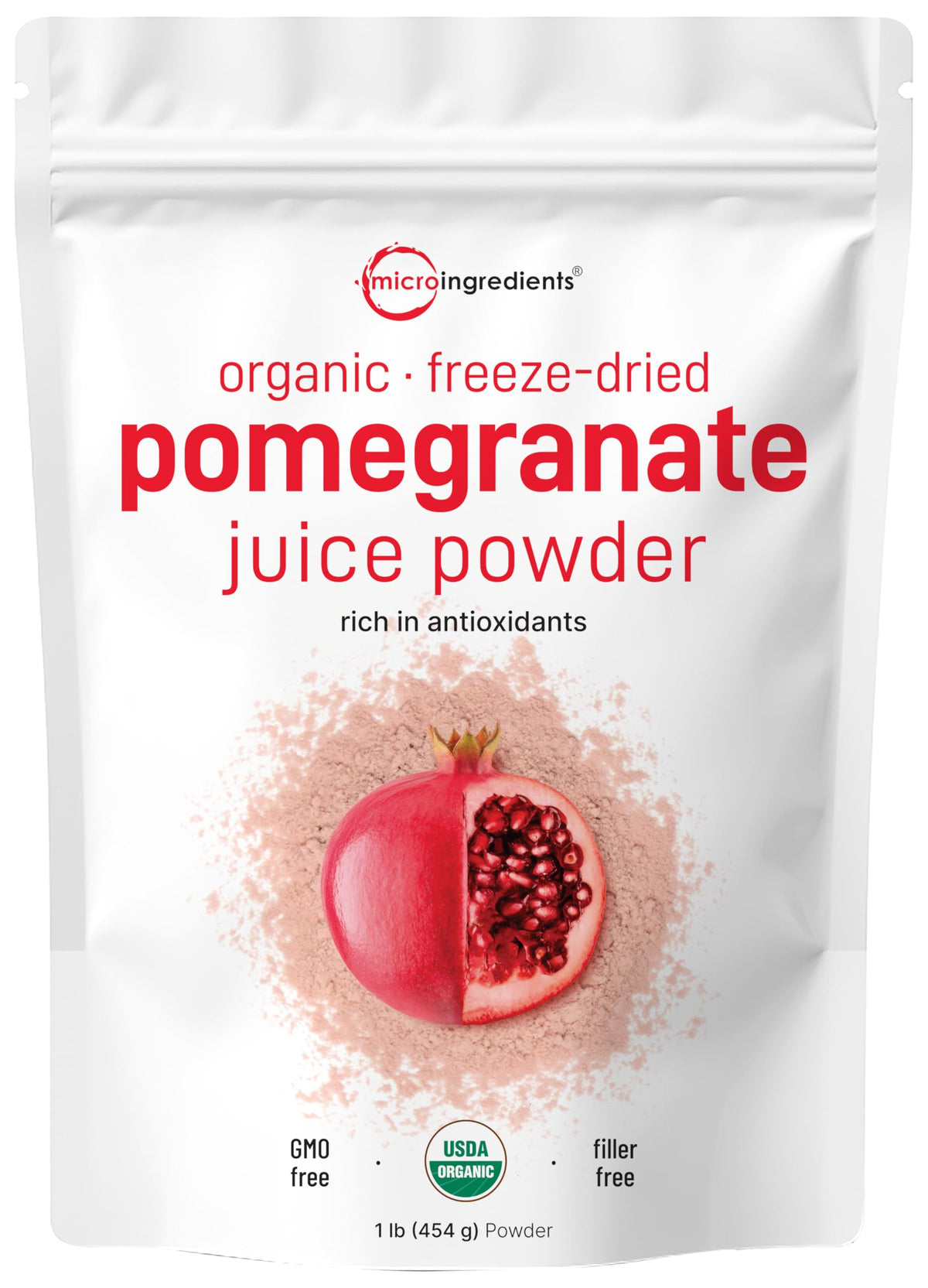 Micro Ingredients Organic Pomegranate Juice Powder bottle highlights antioxidant-rich flavor for smoothies.