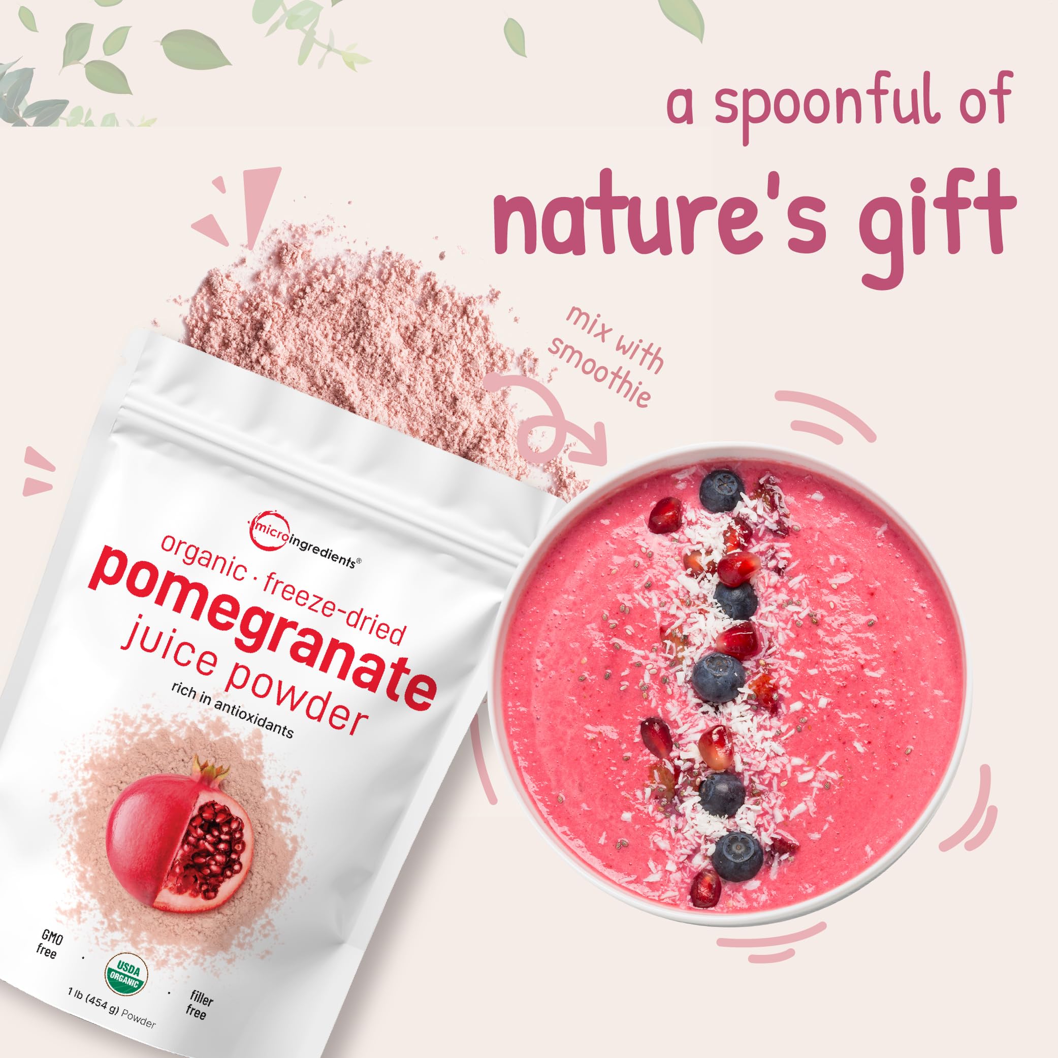 Micro Ingredients Organic Pomegranate Powder packaging pouch for convenient pantry storage.