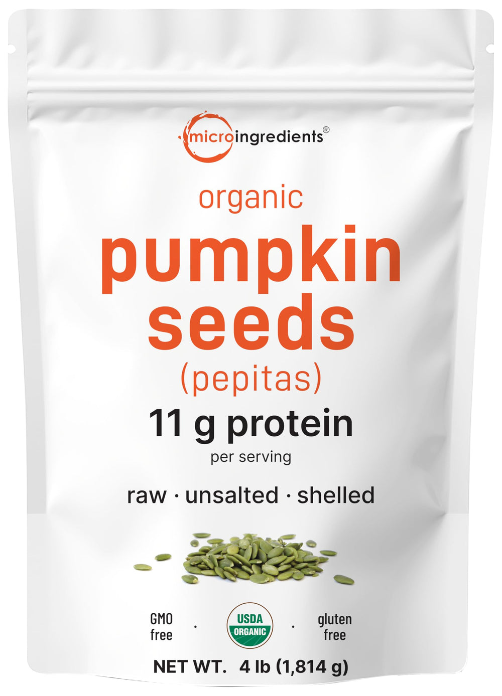 Micro Ingredients organic pumpkin seeds bulk-pack on shelf, ideal for baking and snacking