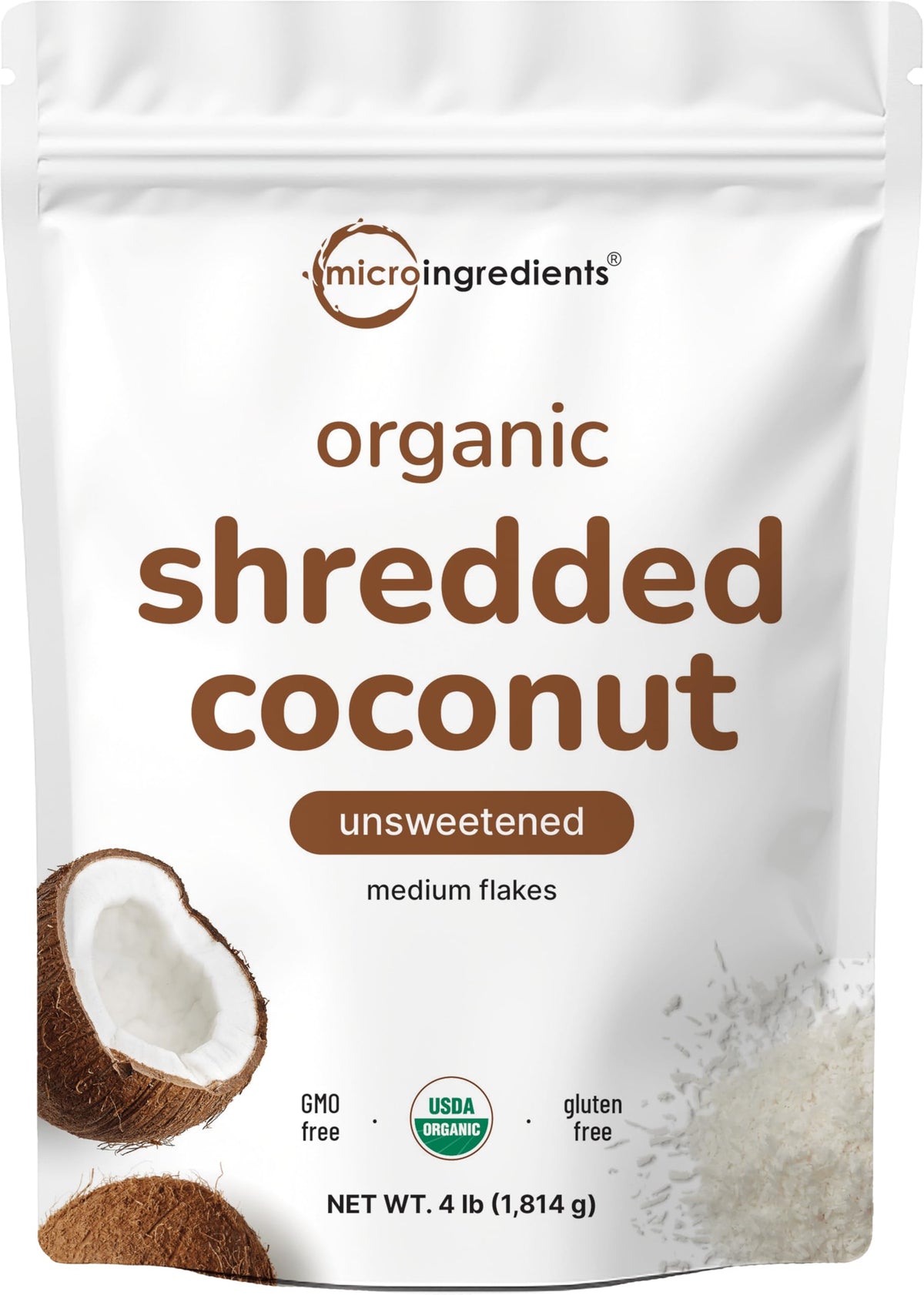 Micro Ingredients organic shredded coconut flakes in 4lb bulk for versatile baking and toppings.