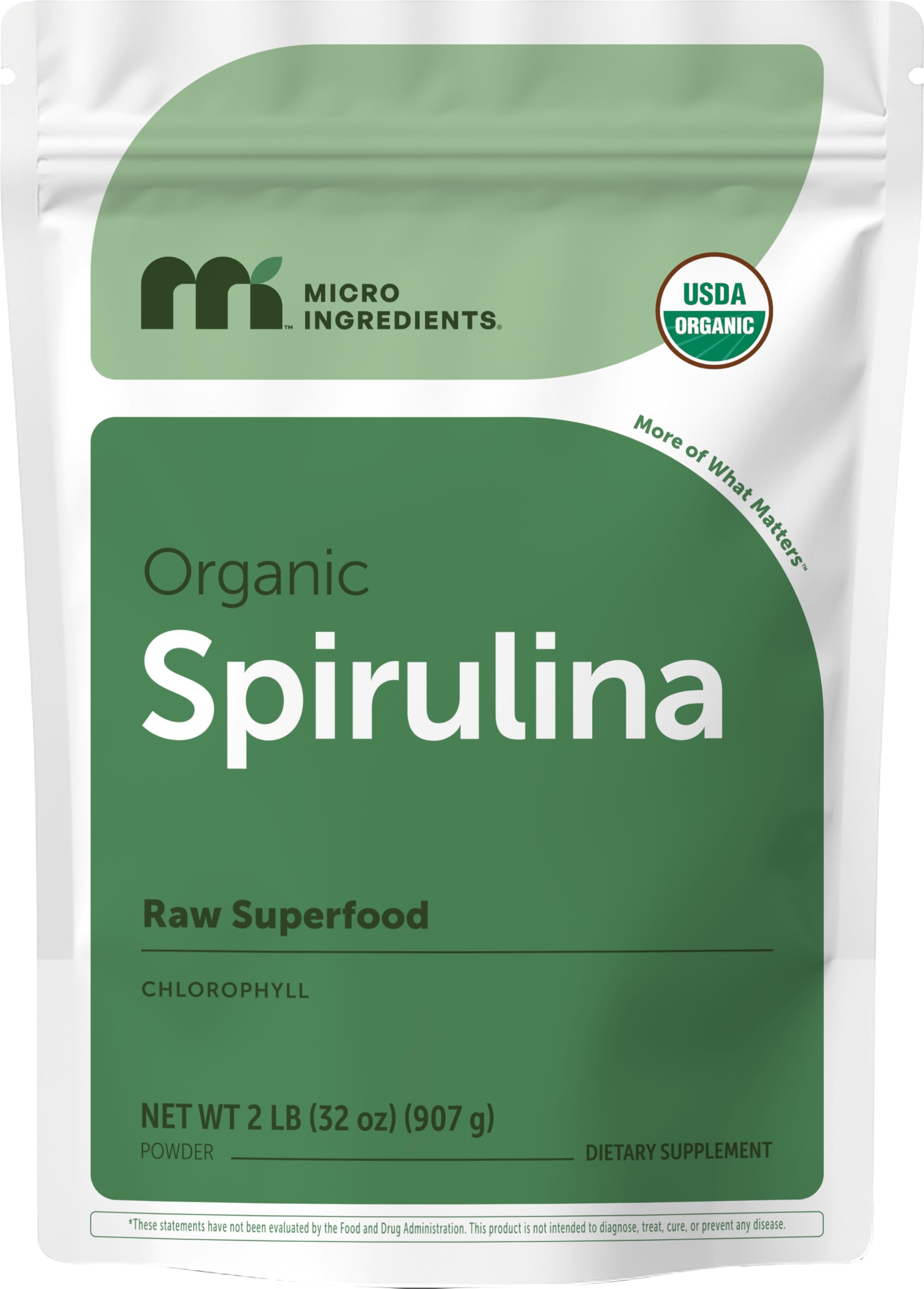 Micro Ingredients spirulina powder bottle shows vibrant green color for vegan protein boost.