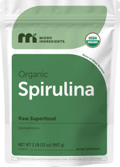 Micro Ingredients spirulina powder bottle shows vibrant green color for vegan protein boost.
