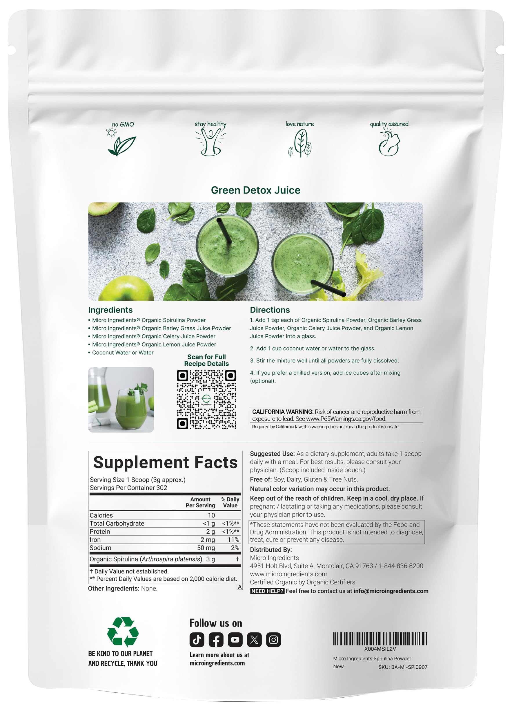 Micro Ingredients spirulina powder packaging with Organic and Non-GMO labels.