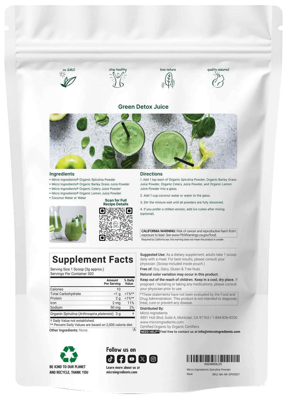 Micro Ingredients spirulina powder packaging with Organic and Non-GMO labels.