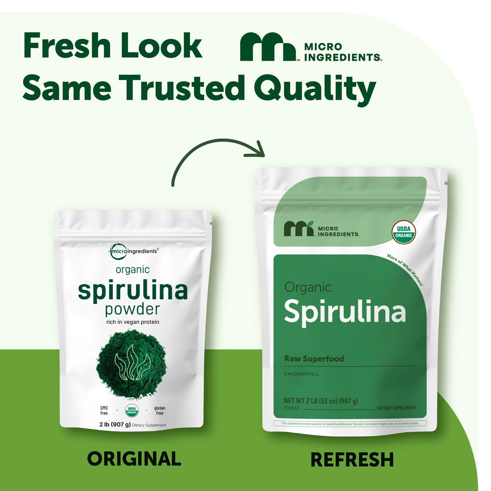 Micro Ingredients spirulina powder scoop highlighting convenient greens addition.