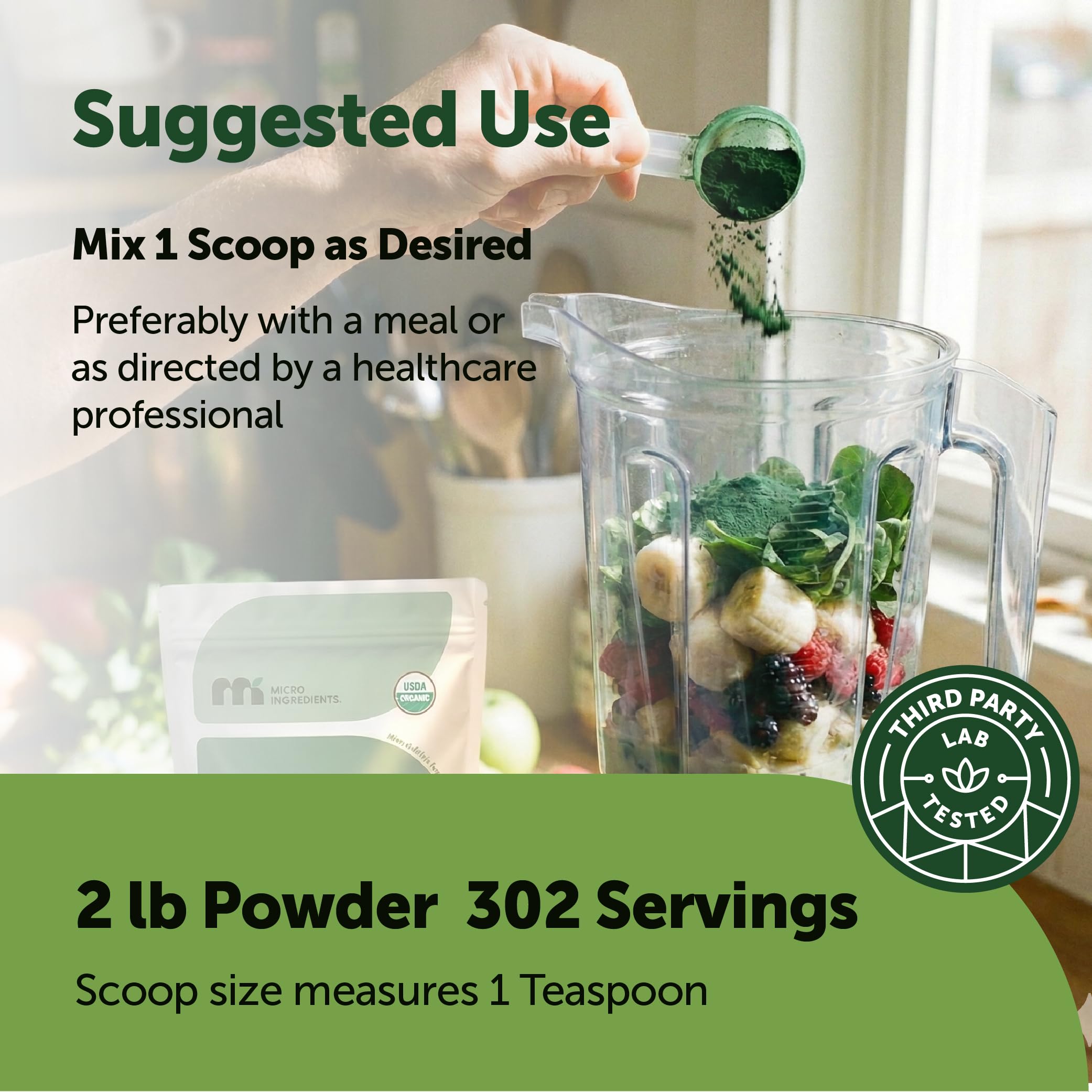 Micro Ingredients spirulina powder being blended into a smoothie for greens.