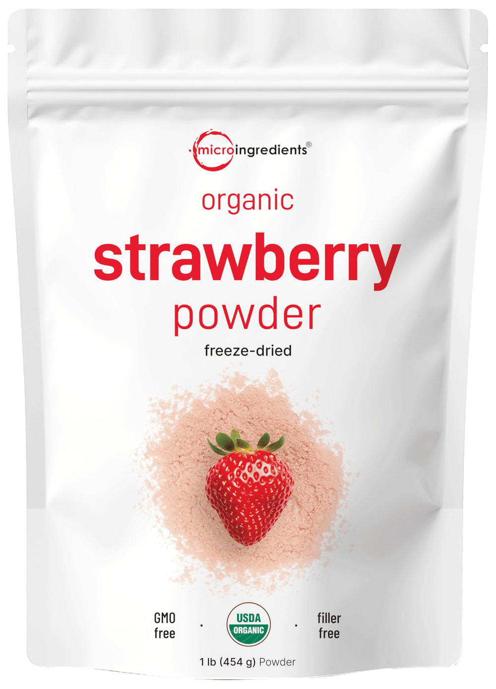 Micro Ingredients organic strawberry powder in a 1lb bag for versatile use