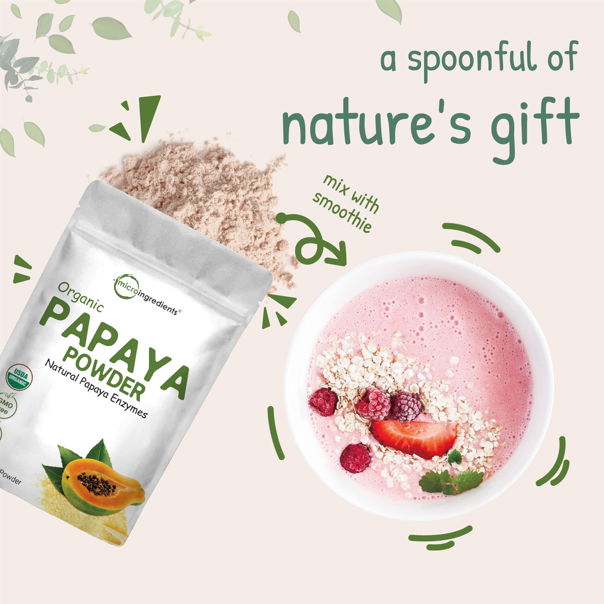 Micro Ingredients papaya powder jar with spoon on counter