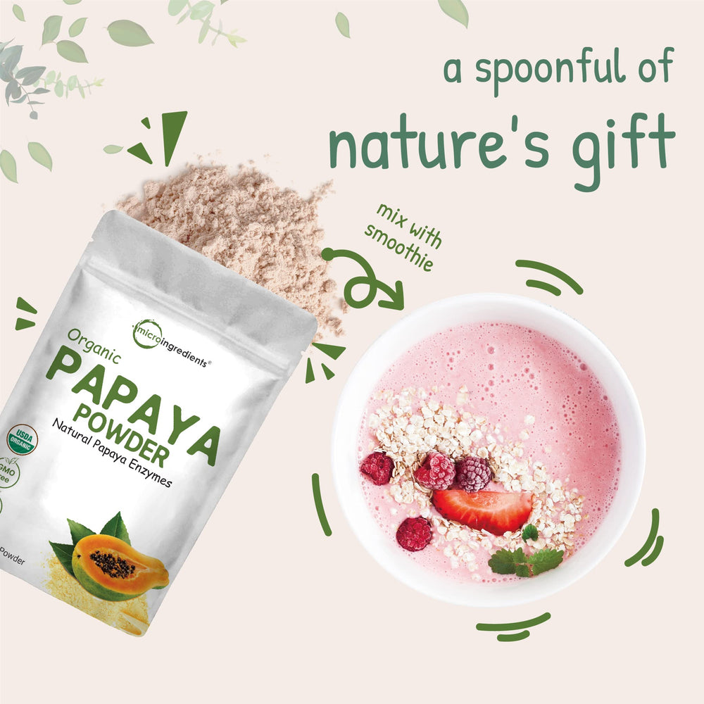 Micro Ingredients papaya powder jar with spoon on counter