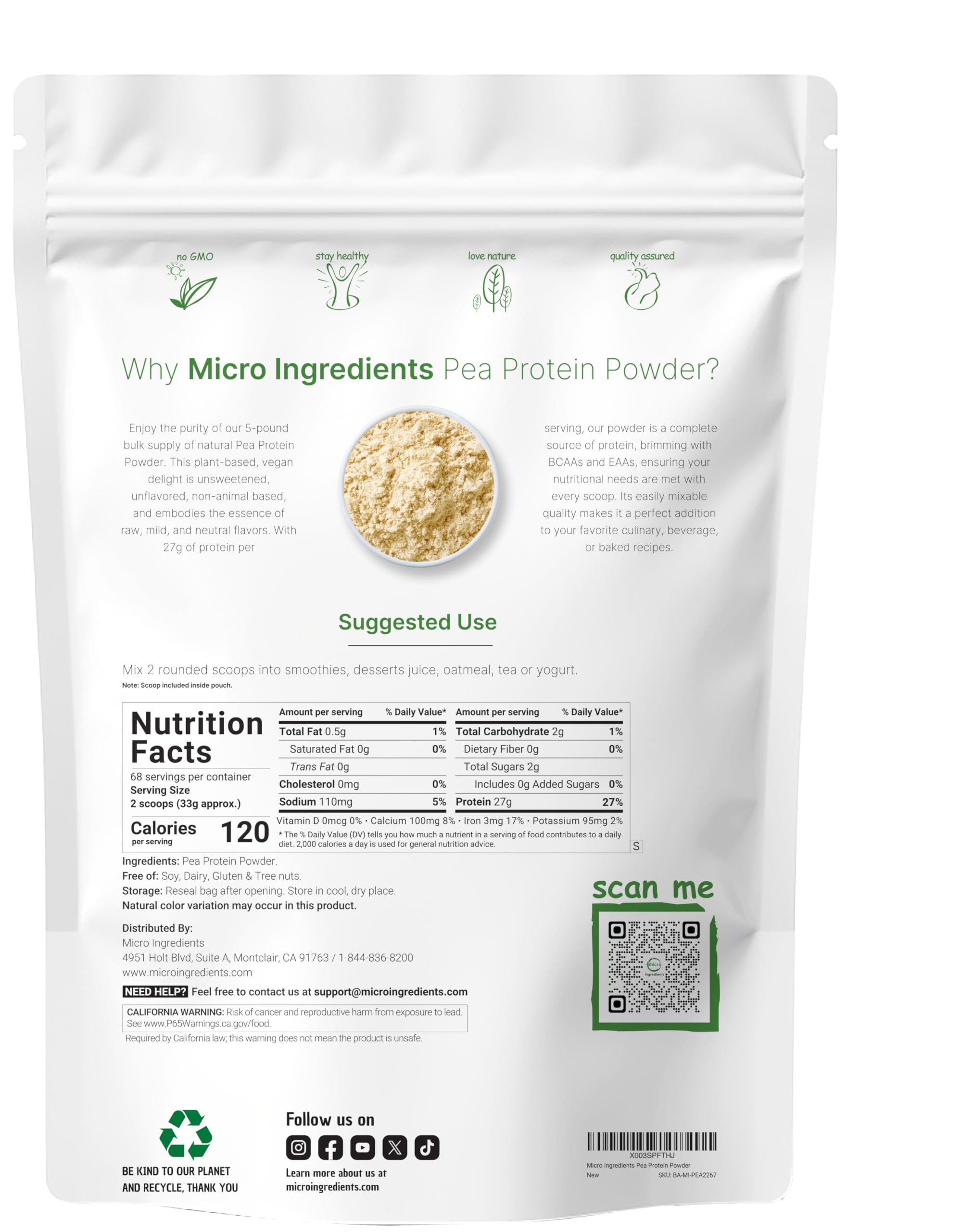 Micro Ingredients pea protein scoop showing a 27g serving for shakes and meals.