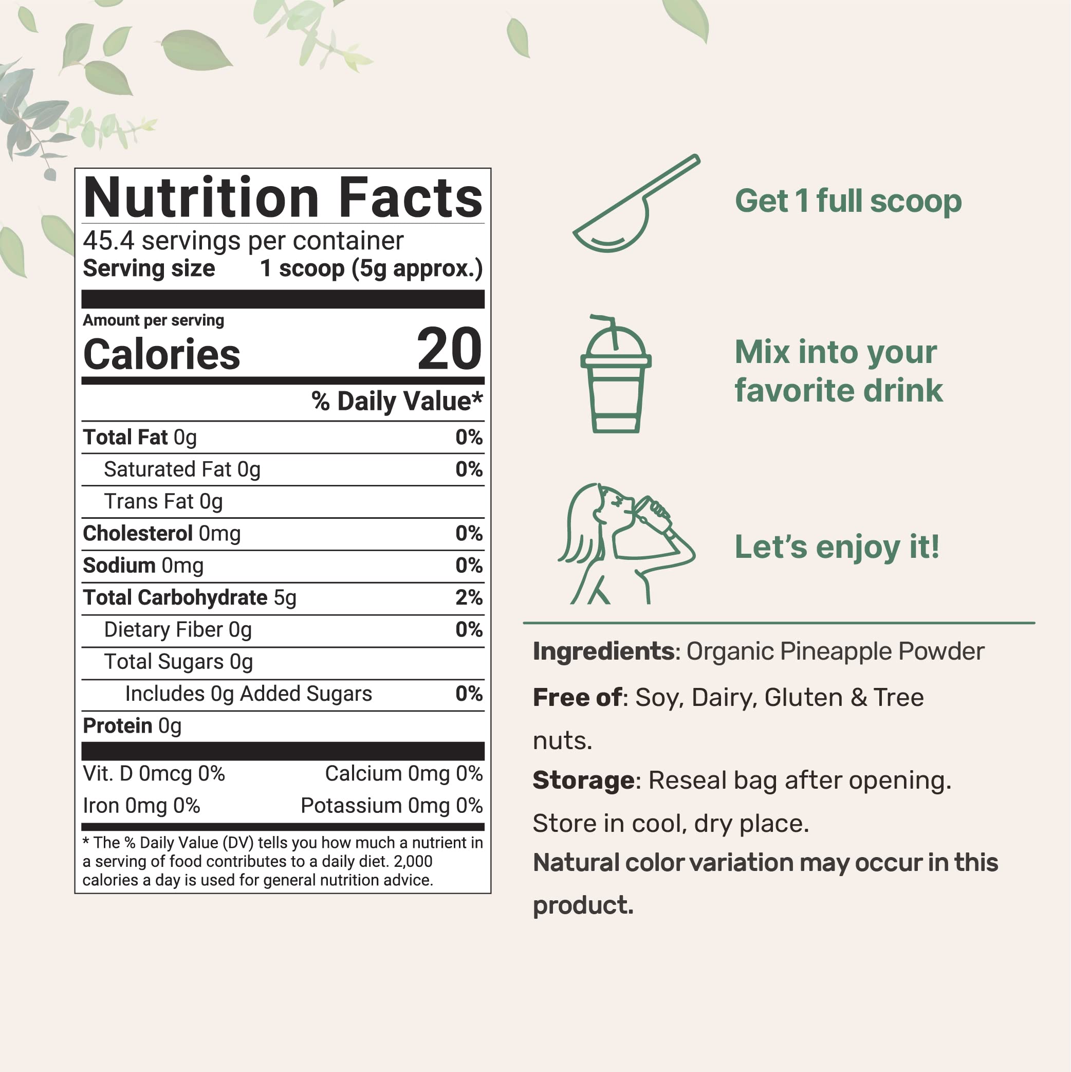 Micro Ingredients pineapple powder scoop demonstrating precise 5g serving for recipes.
