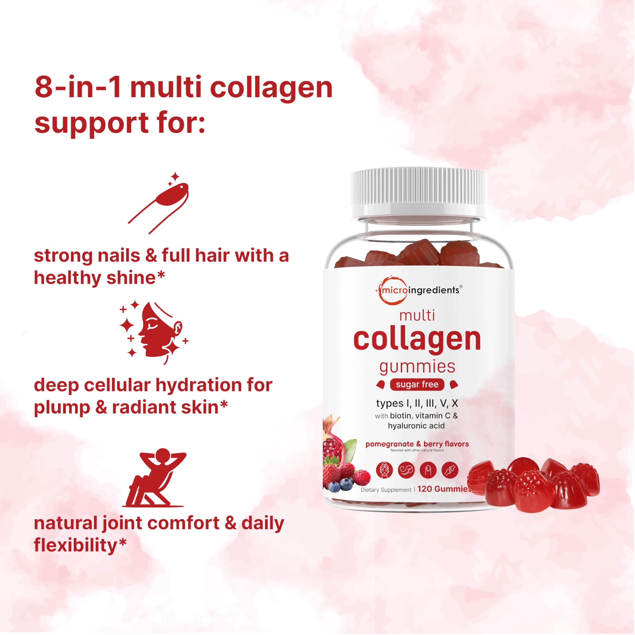 Micro Ingredients pomegranate flavor gummies shown for a sugar-free, tasty wellness routine